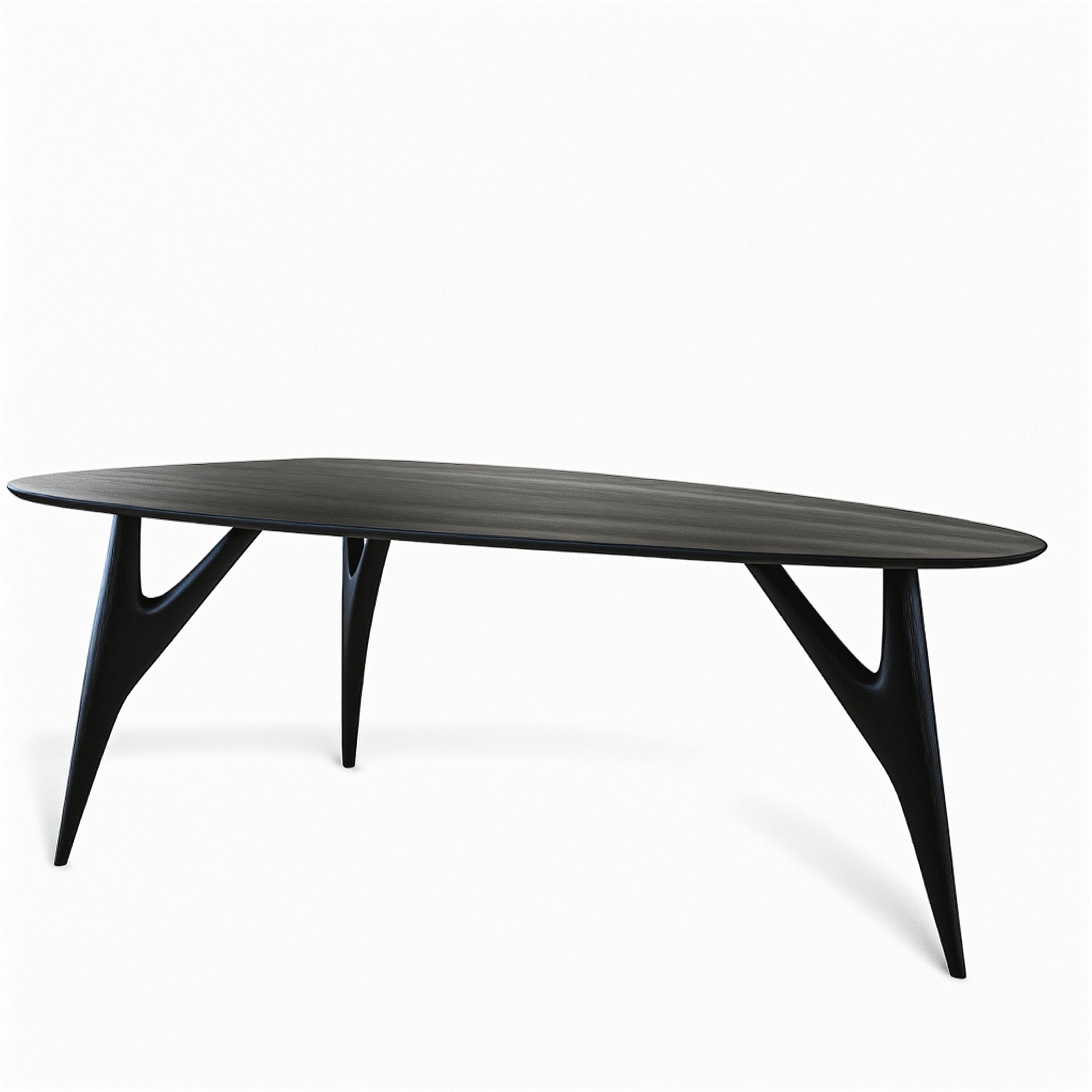 La mesa de comedor TED Ash Black es una pieza de diseño contemporáneo, fabricada en madera maciza de fresno y teñida en un intenso acabado negro. Su silueta atrevida pero refinada, definida por tres patas escultóricas, combina la fuerza
