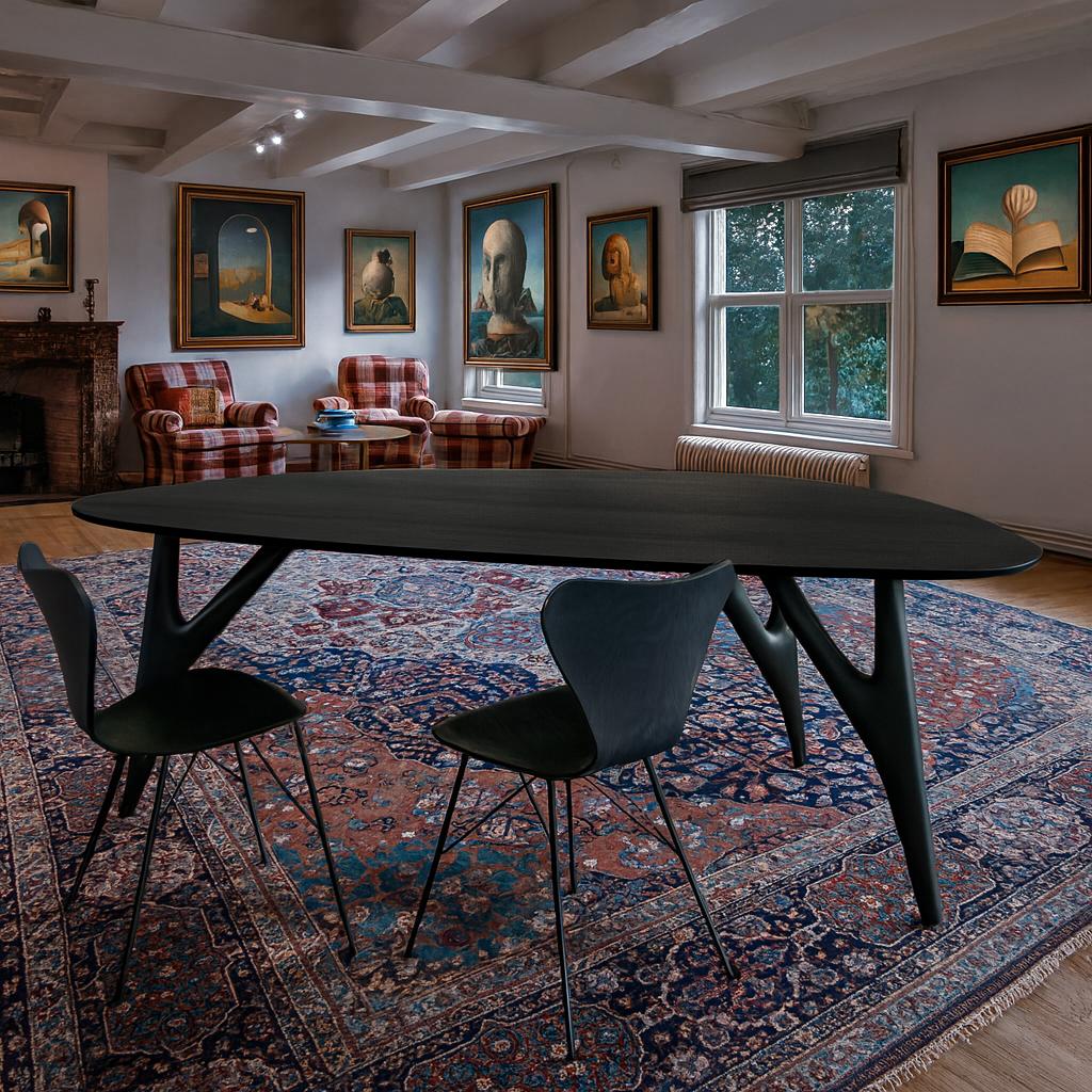TED Nero - Mesa de comedor italiana de fresno negro con base triangular de diseño Ceniza en venta