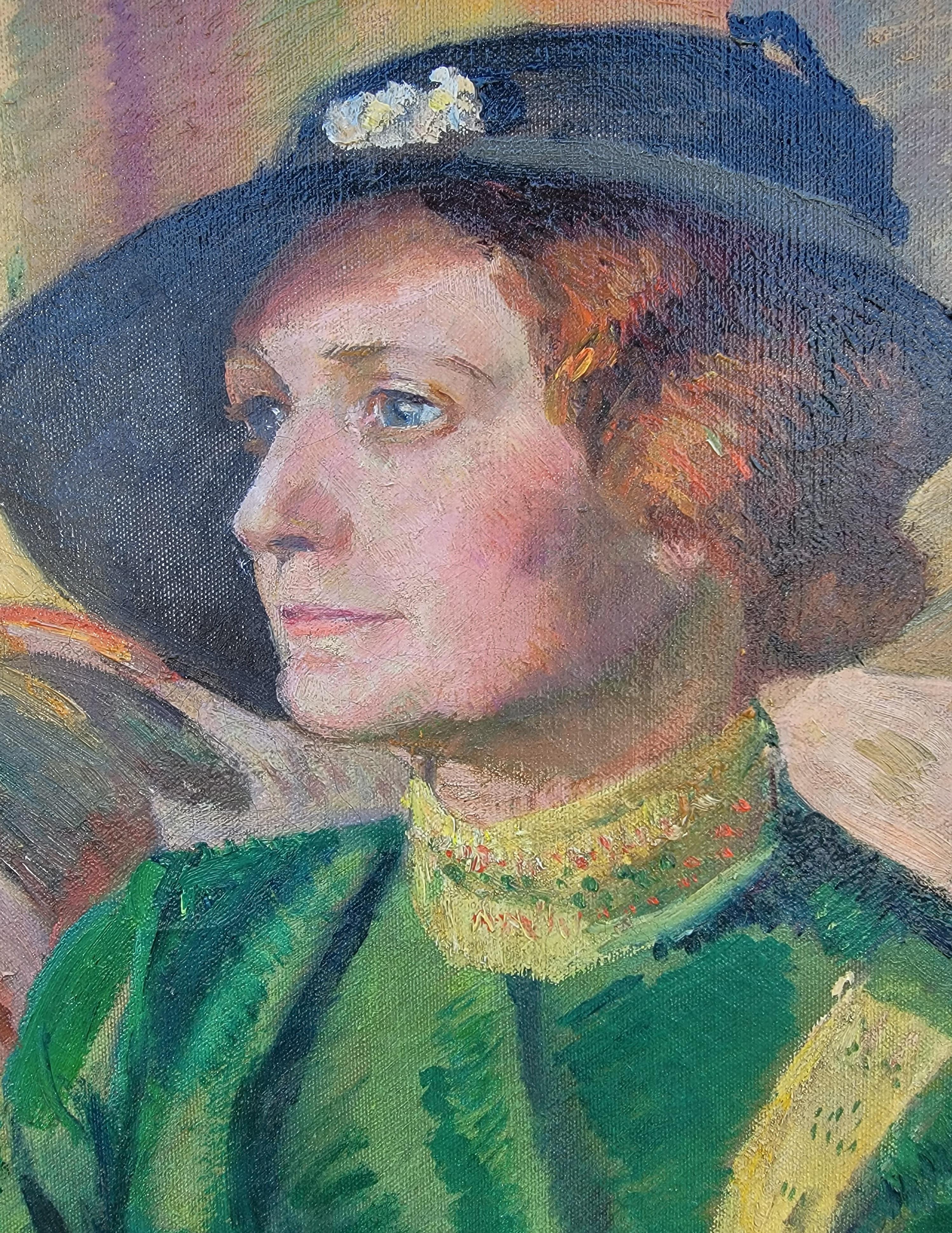 Une peinture originale à l'huile sur toile d'une figure féminine portant un chapeau de femme stylisé. Peint par Theodore Roosevelt Schuyler (1904-1990) Trinidad, Colorado. Conserve le cadre d'origine. La toile seule mesure 20 
