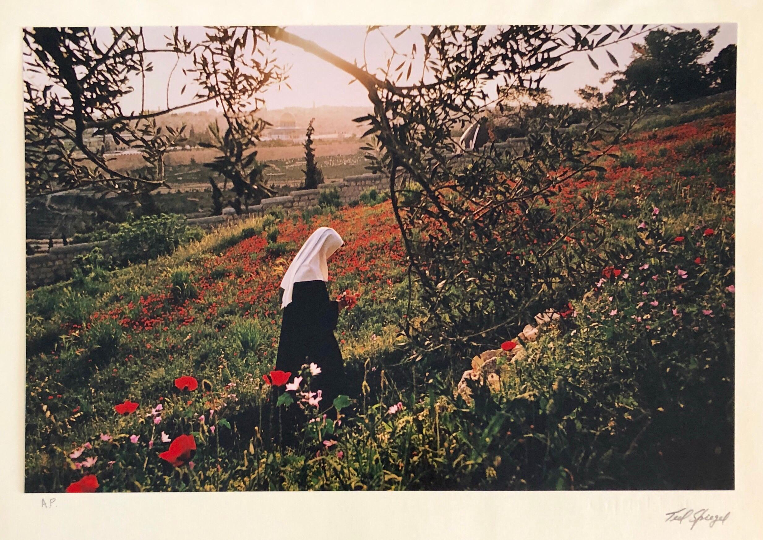 This is a vintage Ted Spiegel photo of a Benedictine Nun, Mount of Olives, Jerusalem.  Hand signed and editioned A/P.

This is for one Photograph from the portfolio entitled "Jerusalem: City of Mankind," The mounting is 14 X 17 inches. the actual
