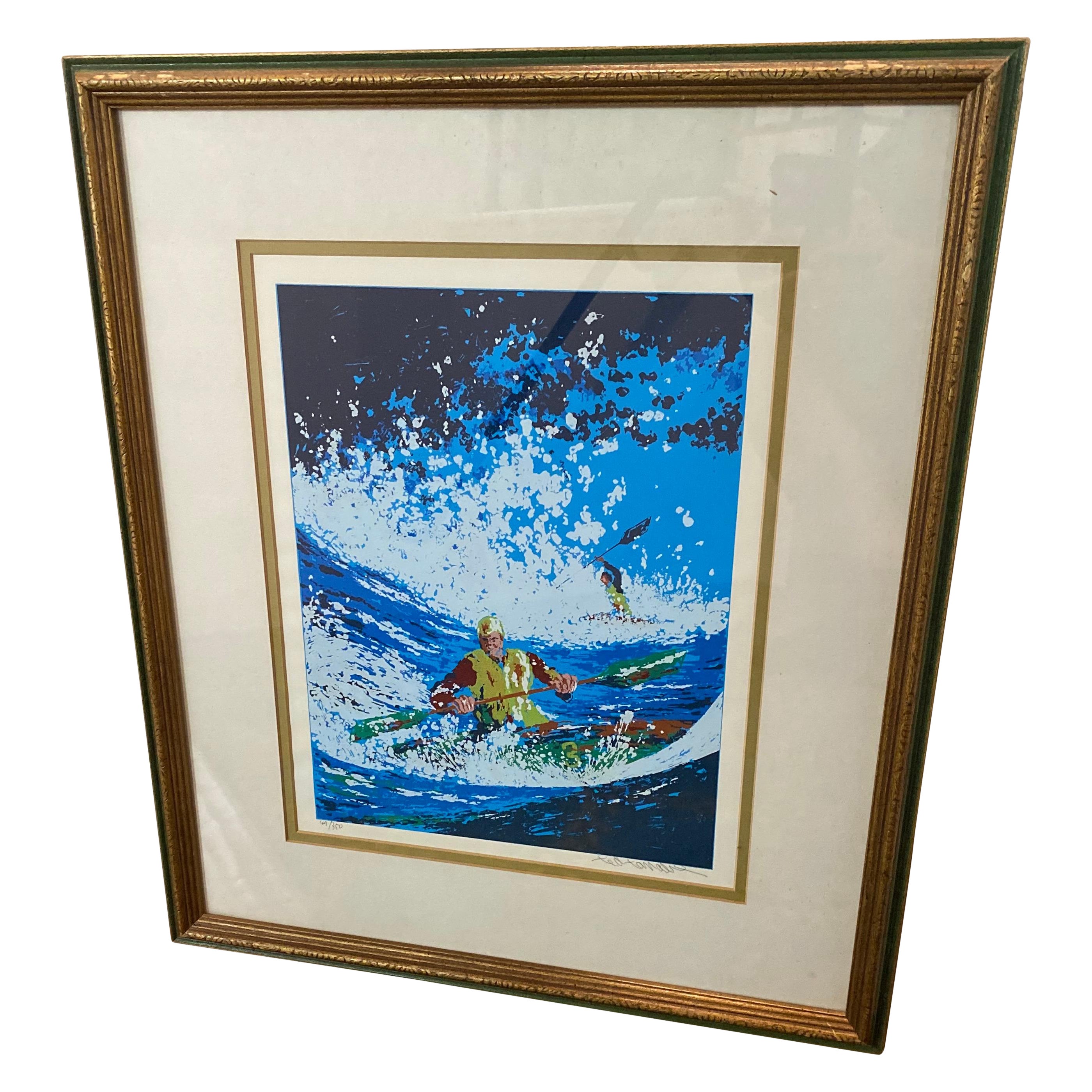 Sérigraphie encadrée de Ted Tanabe "Kayak Down the Rapids" 1970 en vente