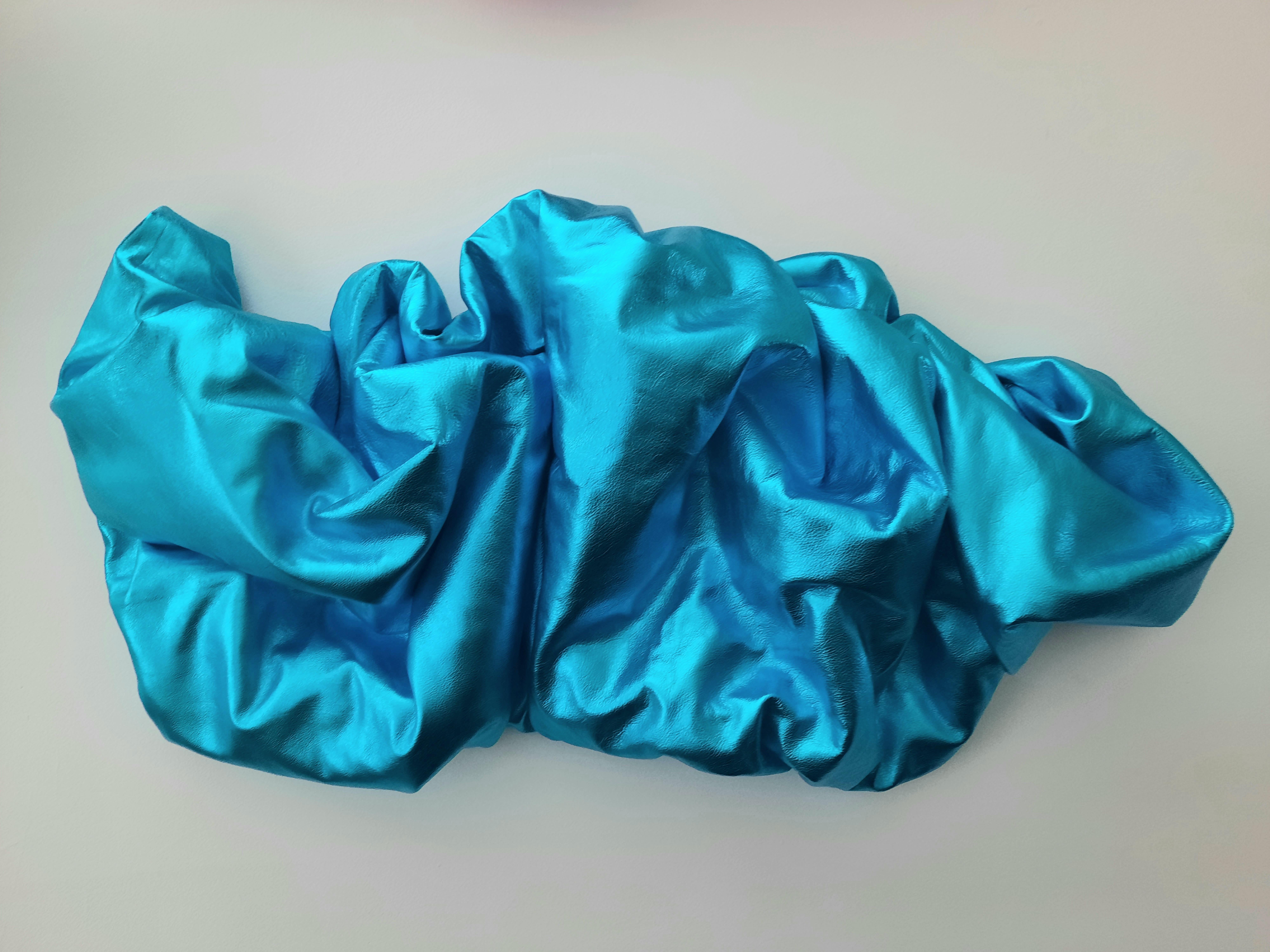 Ted VanCleave Abstract Sculpture - Drape Aqua Blue 117 (folds pop slick metallic smooth leather wall sculpture art)