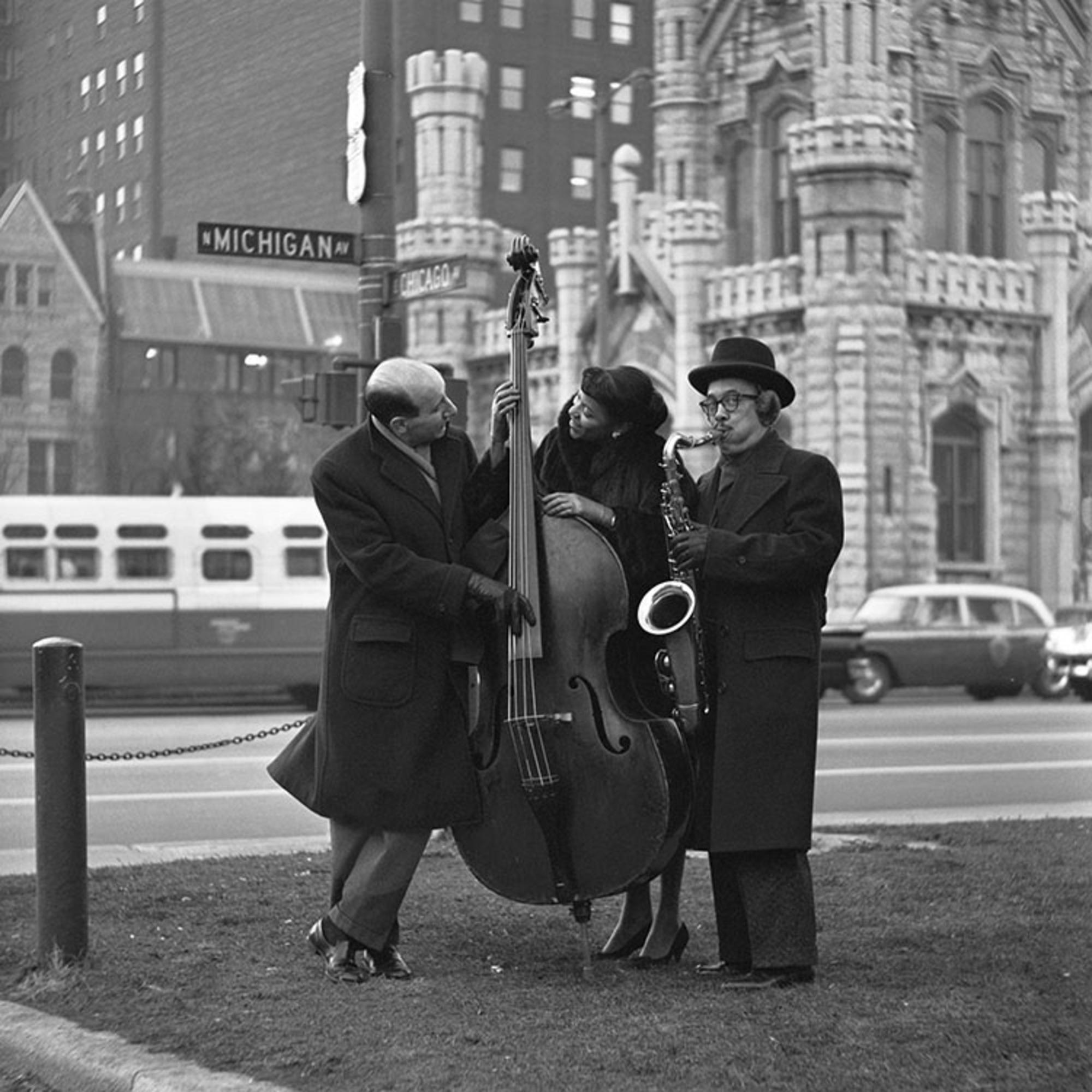 Title: Johnny Frigo, Lurlean Hunter and Johnny Griffin
Estate-stamped, gelatin-print silver

Left to Right: Johnny Frigo, Lurlean Hunter and Johnny Griffin on the corner of Michigan Avenue and Chicago Avenue for DownBeat magazine

Available sizes: