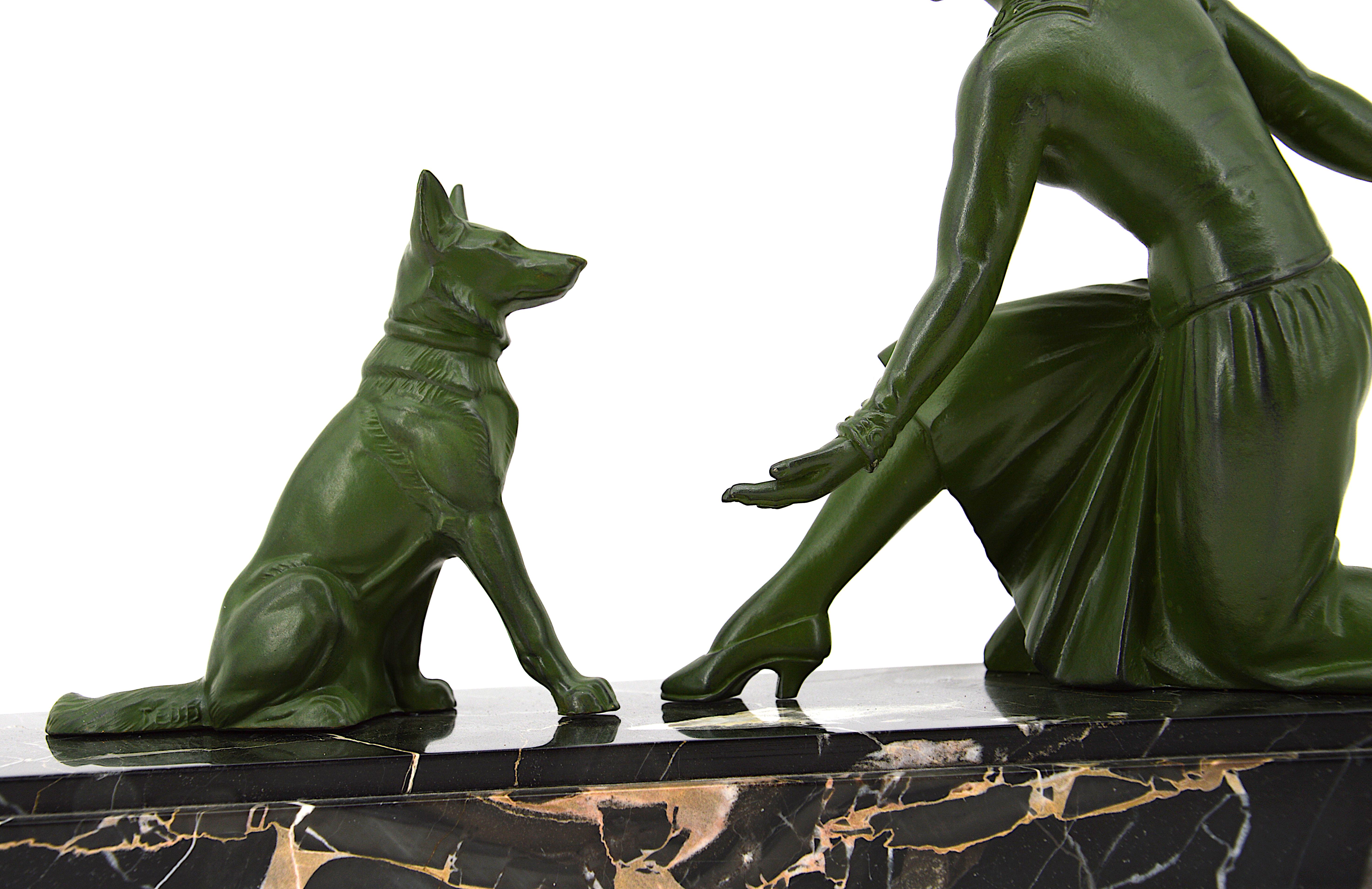 Mid-20th Century Tedd French Art Deco Sculpture, Lady and German Shepherd, 1930s For Sale