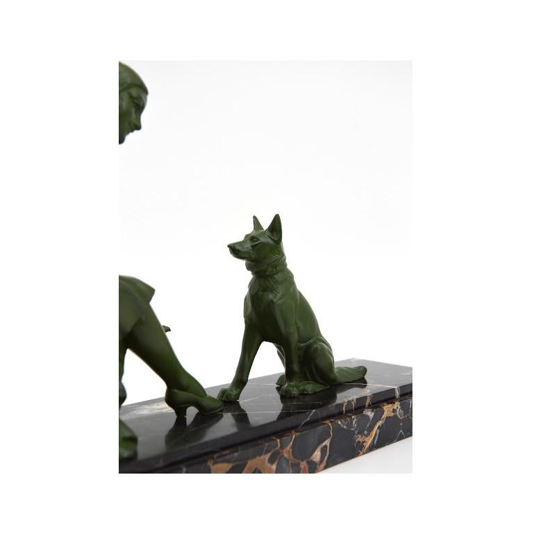 Mid-20th Century Tedd French Art Deco Sculpture, Lady and German Shepherd, 1930s