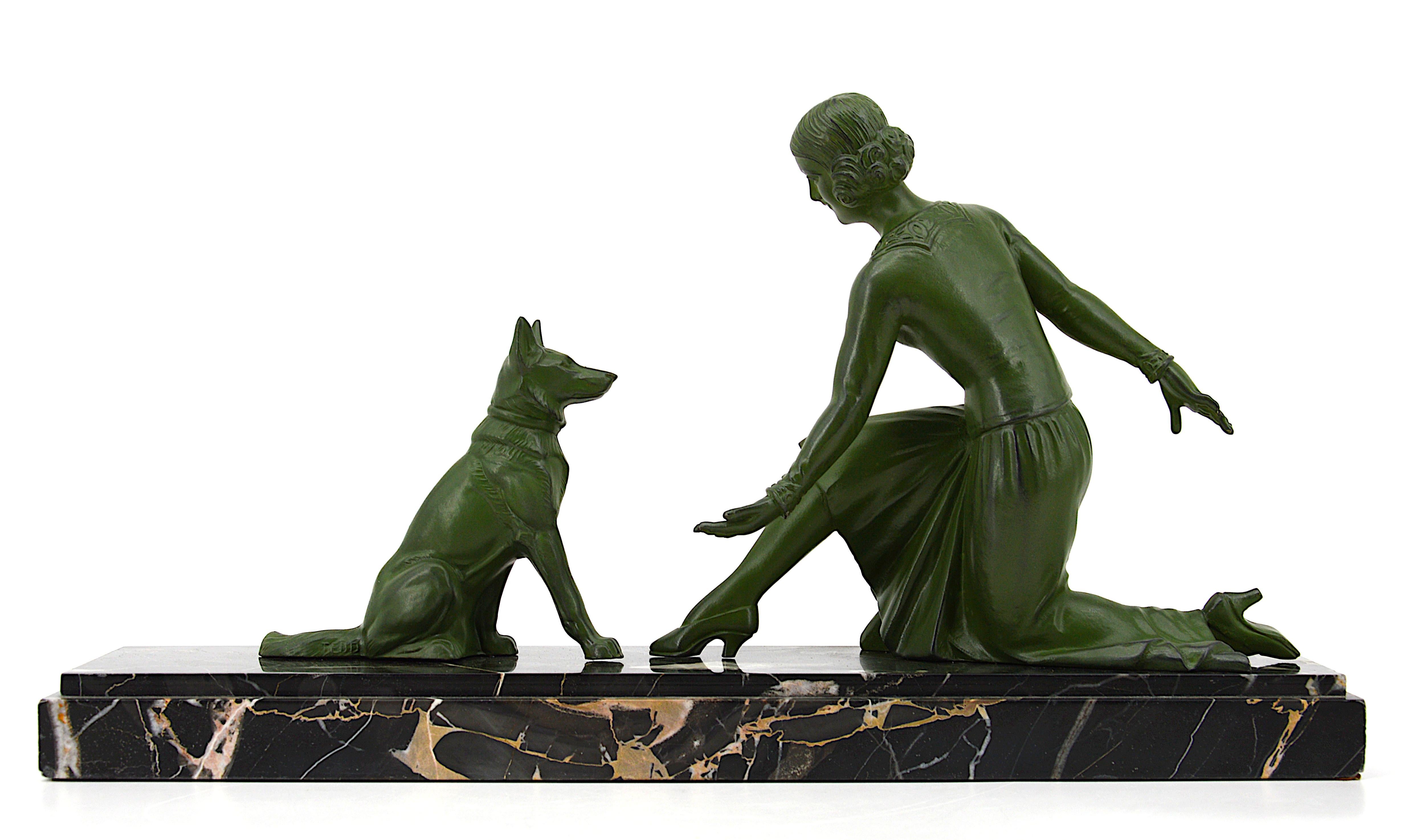 Spelter Tedd French Art Deco Sculpture, Lady and German Shepherd, 1930s For Sale