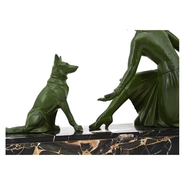 Spelter Tedd French Art Deco Sculpture, Lady and German Shepherd, 1930s