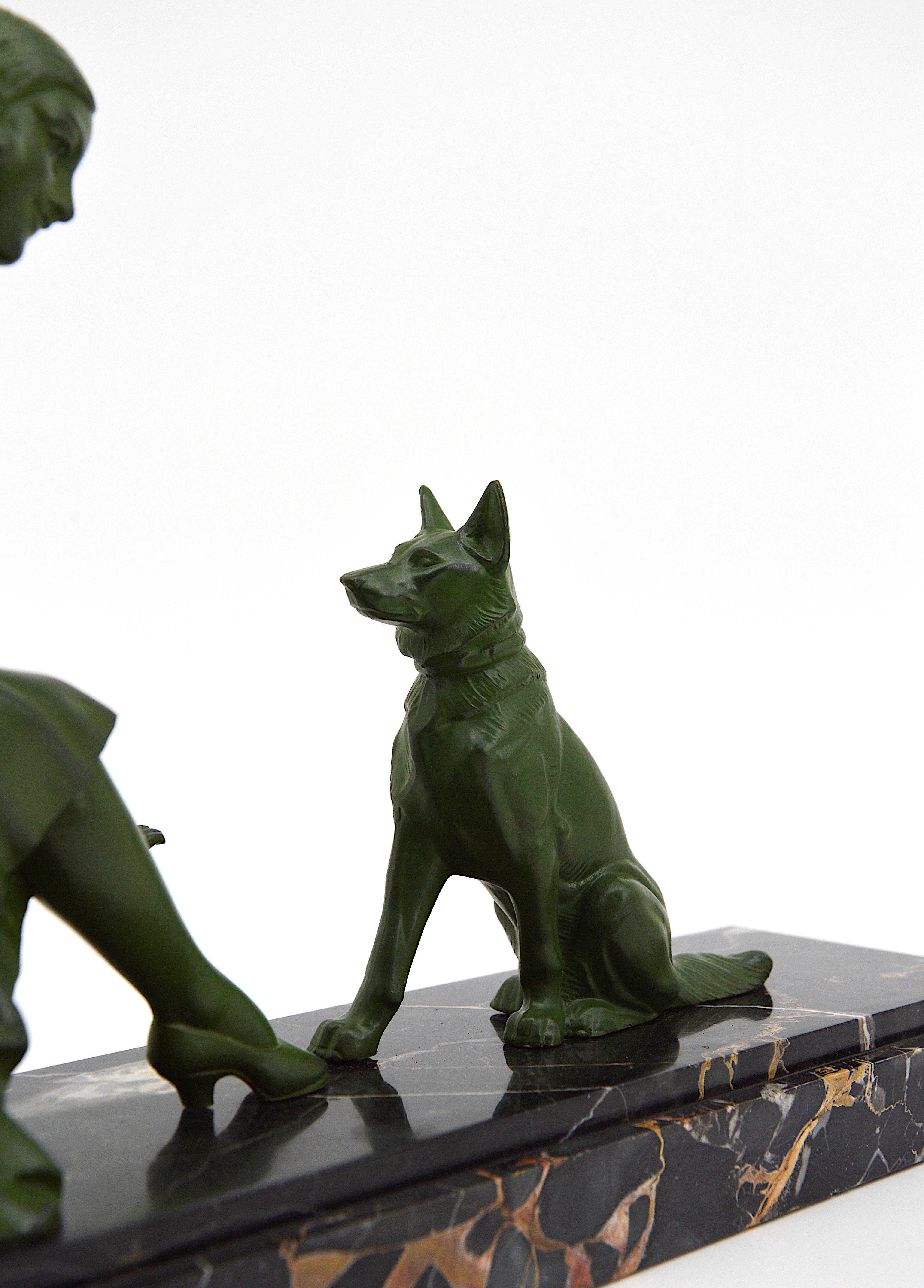Tedd French Art Deco Sculpture, Lady and German Shepherd, 1930s For Sale 1