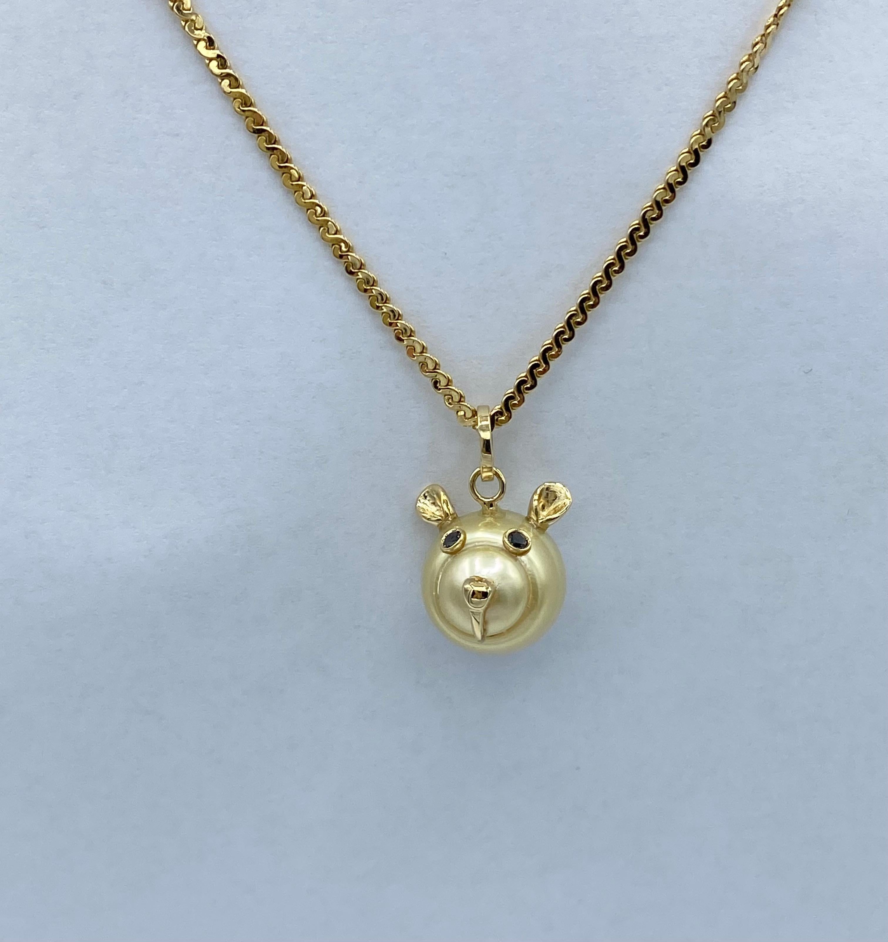 Artisan Teddy Bear Black Diamond 18 Karat Gold Australian Pearl Pendant Necklace For Sale