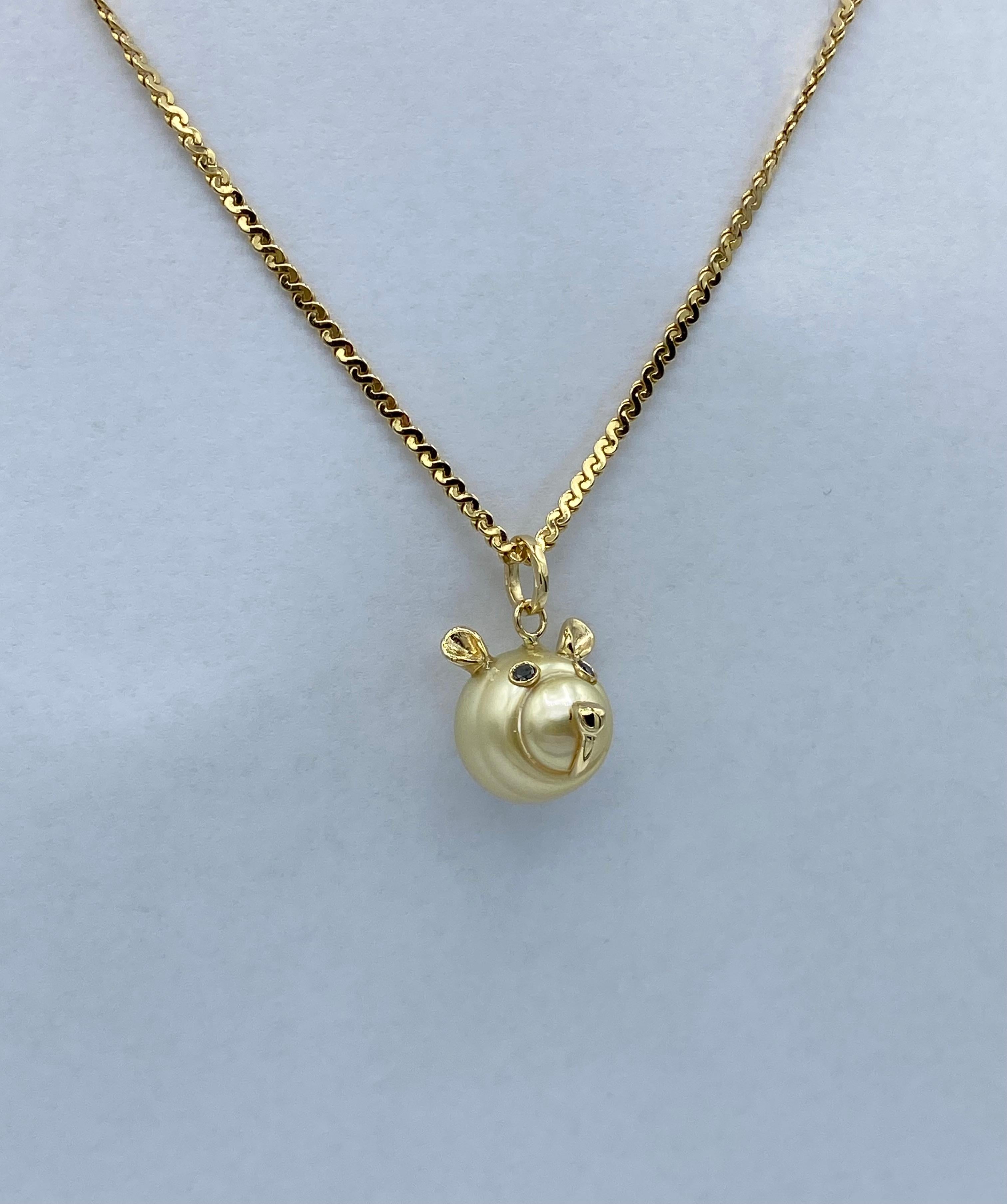 Round Cut Teddy Bear Black Diamond 18 Karat Gold Australian Pearl Pendant Necklace For Sale