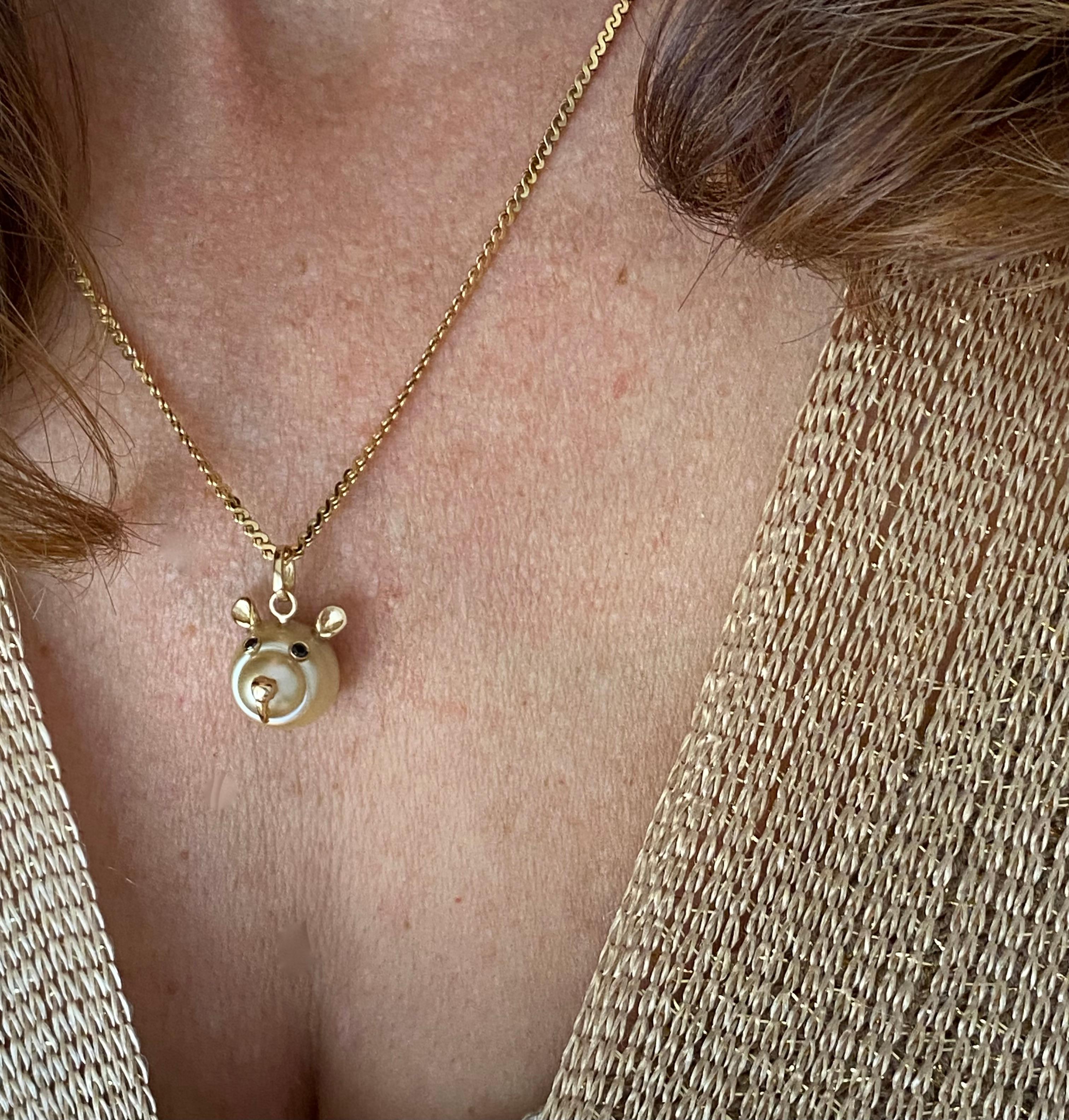 Teddy Bear Black Diamond 18 Karat Gold Australian Pearl Pendant Necklace For Sale 3