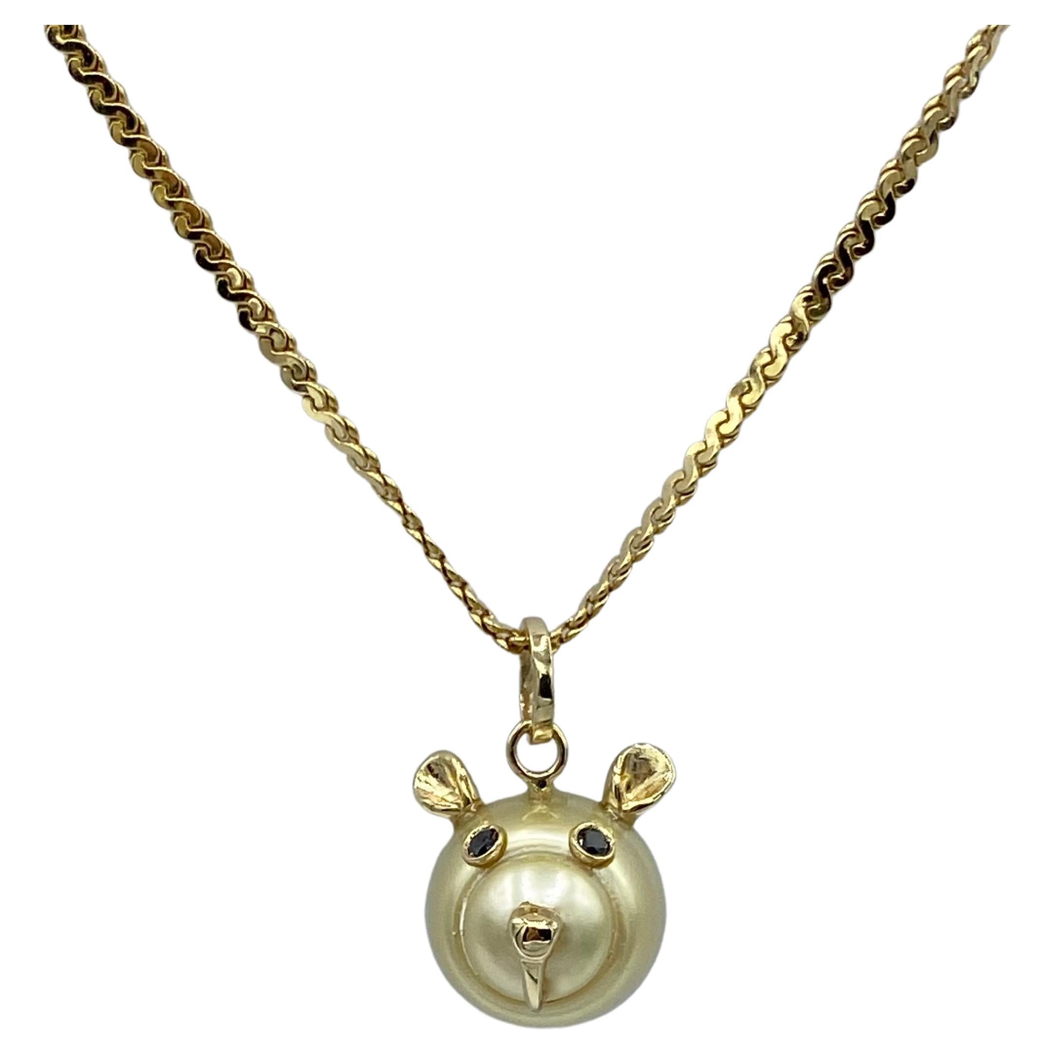 Teddy Bear Black Diamond 18 Karat Gold Australian Pearl Pendant Necklace For Sale
