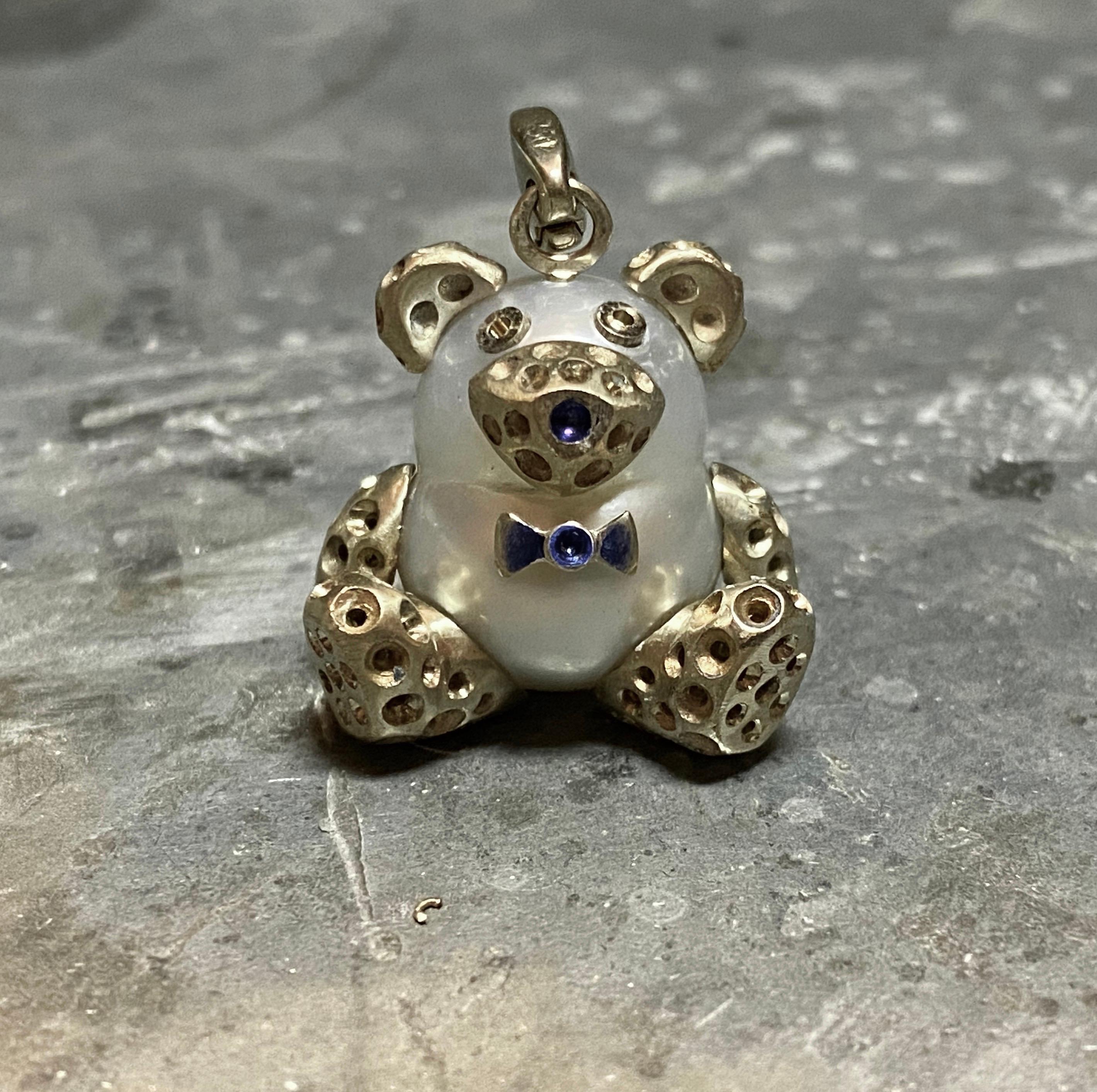 Teddy Bear Diamond Australian Pearl 18 Karat Gold Pendant Necklace Charm For Sale 9