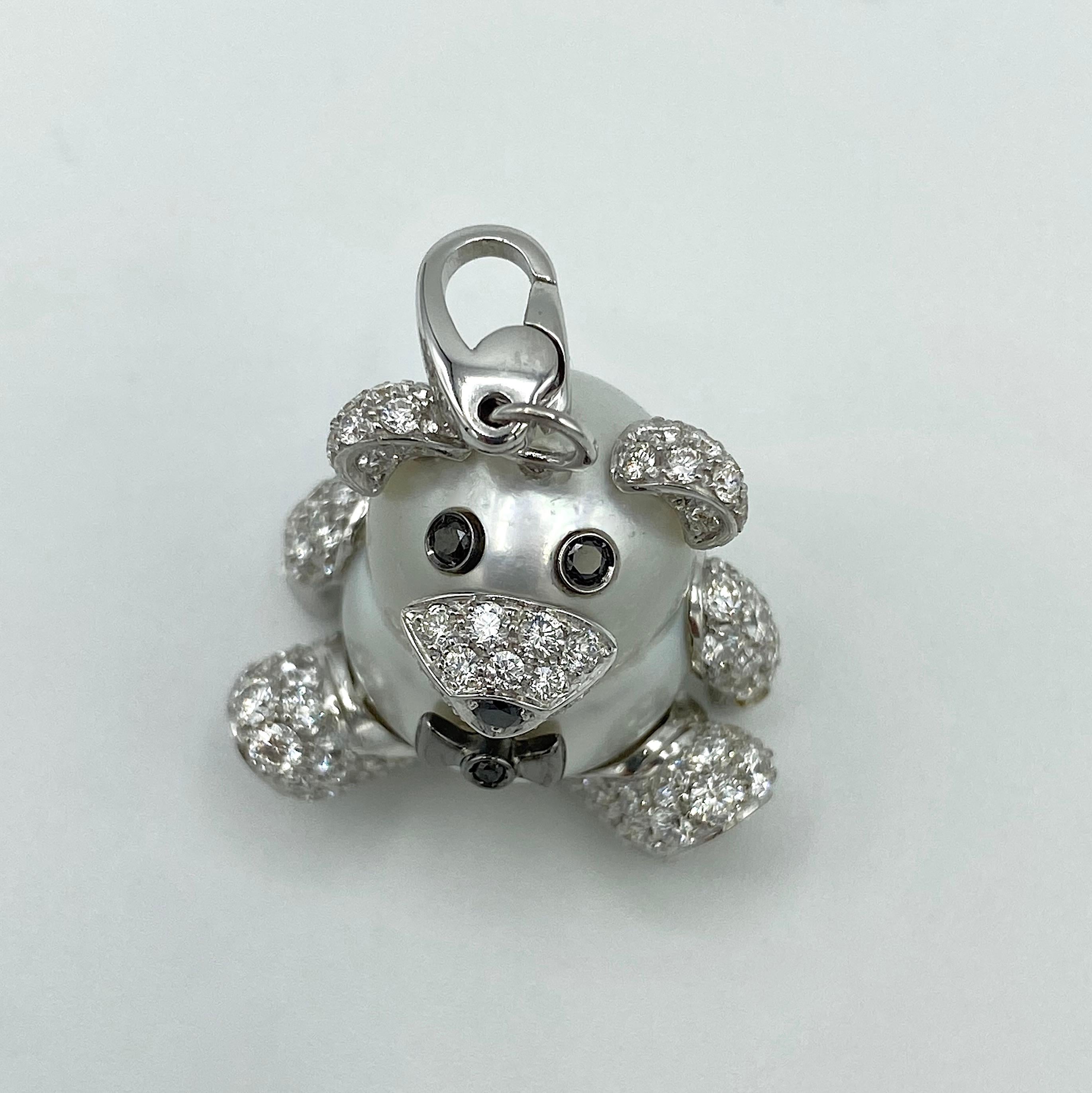 Teddy Bear Diamond Australian Pearl 18 Karat Gold Pendant Necklace Charm For Sale 2