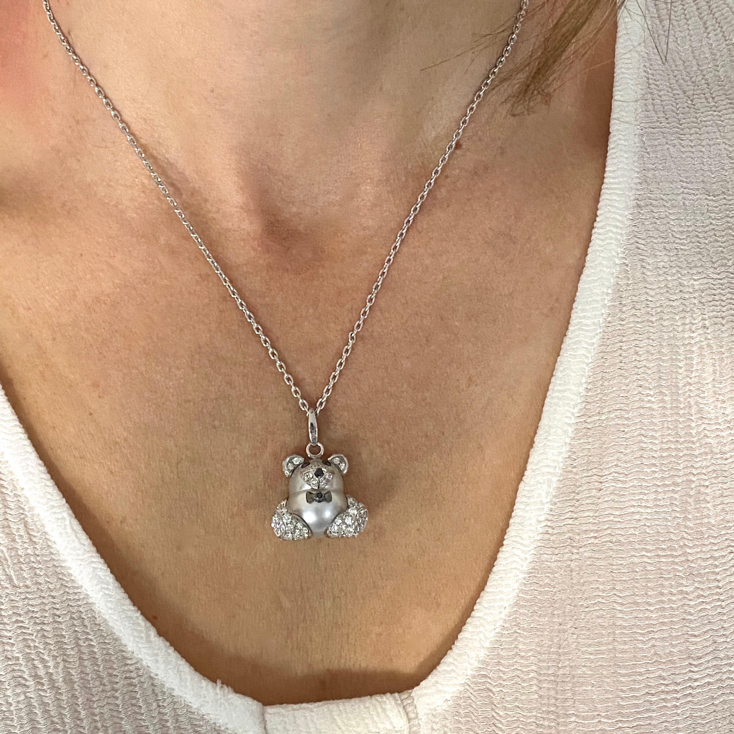Teddy Bear Diamond Australian Pearl 18 Karat Gold Pendant Necklace Charm For Sale 3