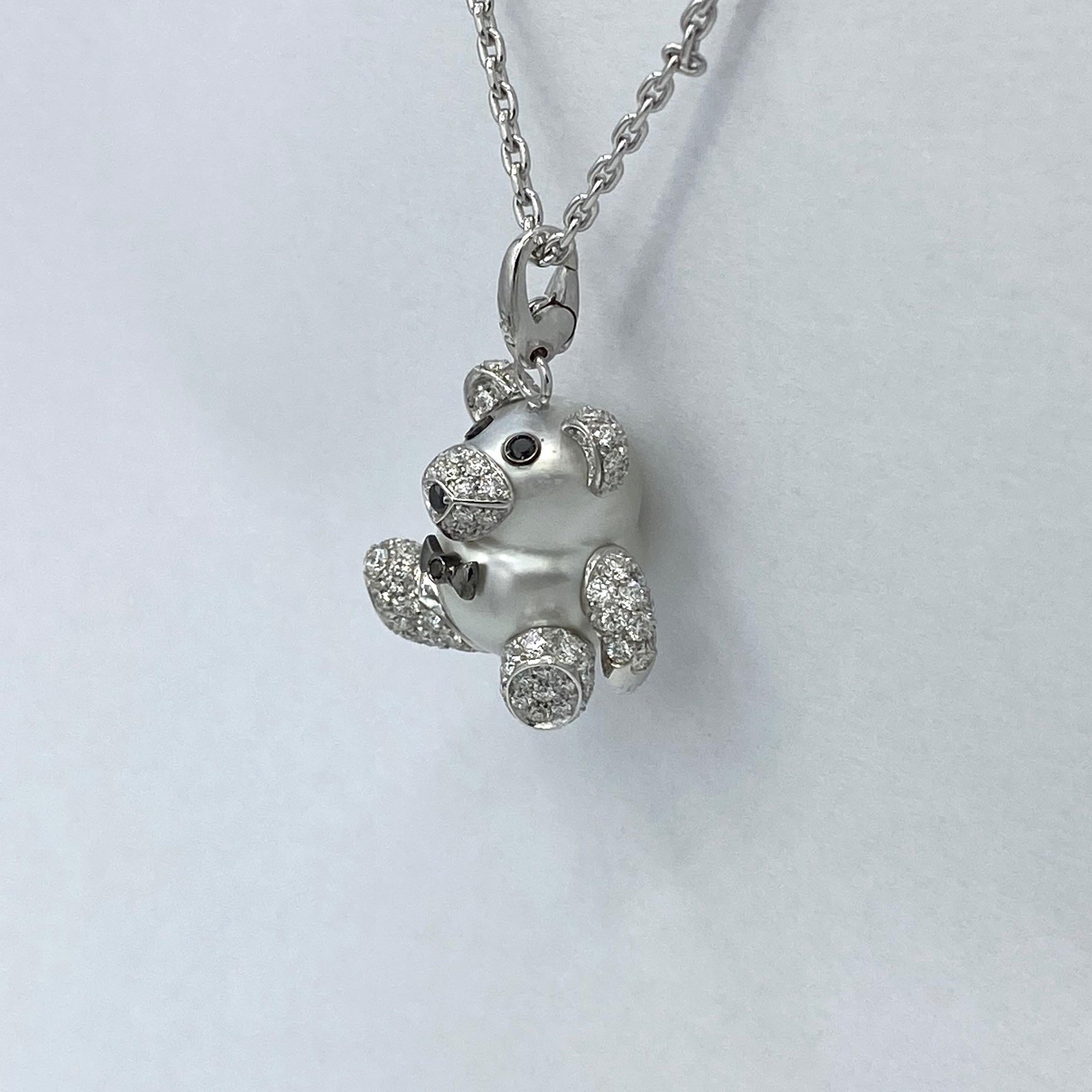 Teddy Bear Diamond Australian Pearl 18 Karat Gold Pendant Necklace Charm For Sale 4