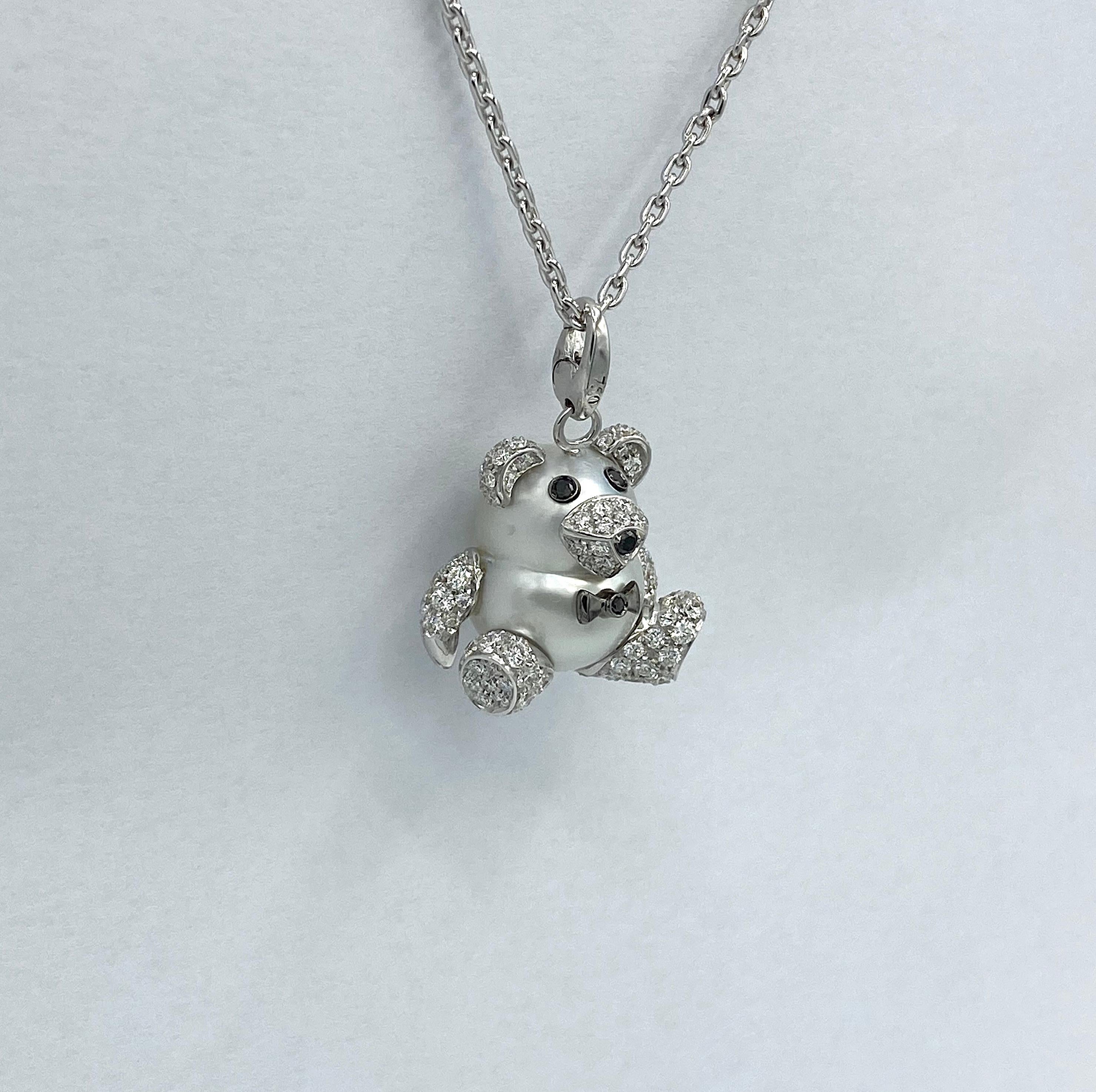 Teddy Bear Diamond Australian Pearl 18 Karat Gold Pendant Necklace Charm For Sale 5