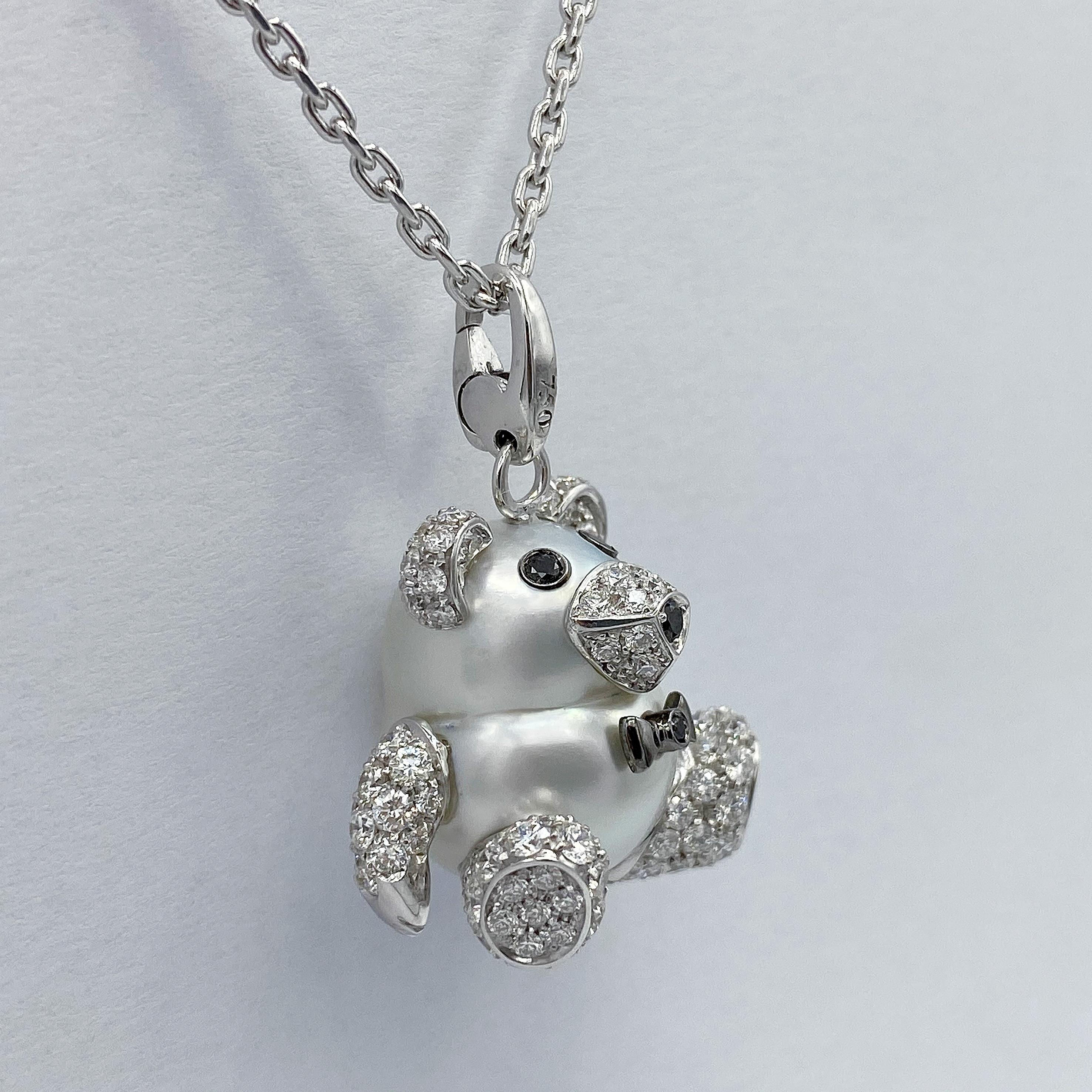 Teddy Bear Diamond Australian pearl 18KT Gold Animal Pendant Necklace Charm
I chose a very beautiful and large Australian pearl to create the Teddy Bear pendant. I made ears, legs and nose in 18KT white gold set with white diamonds, G VS