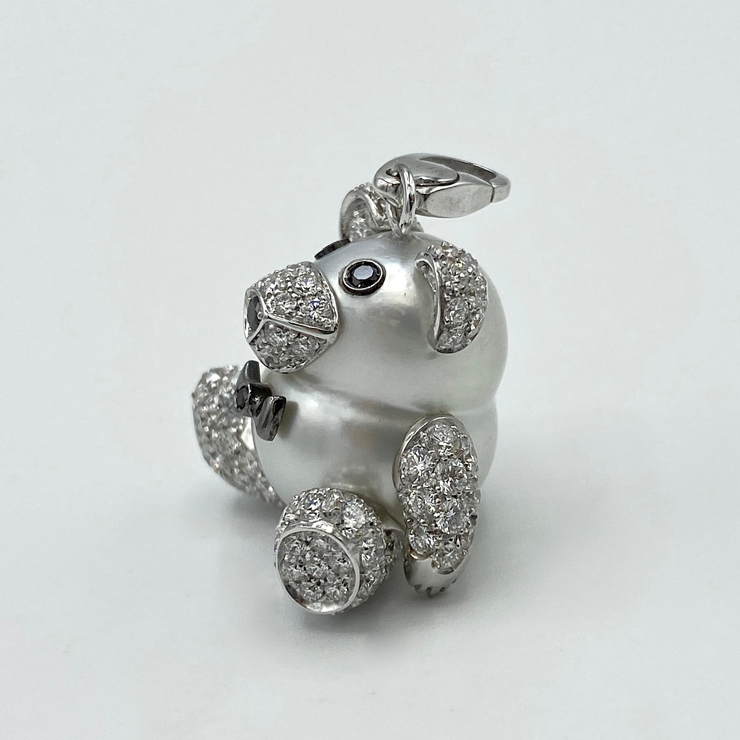 Artisan Teddy Bear Diamond Australian Pearl 18 Karat Gold Pendant Necklace Charm For Sale