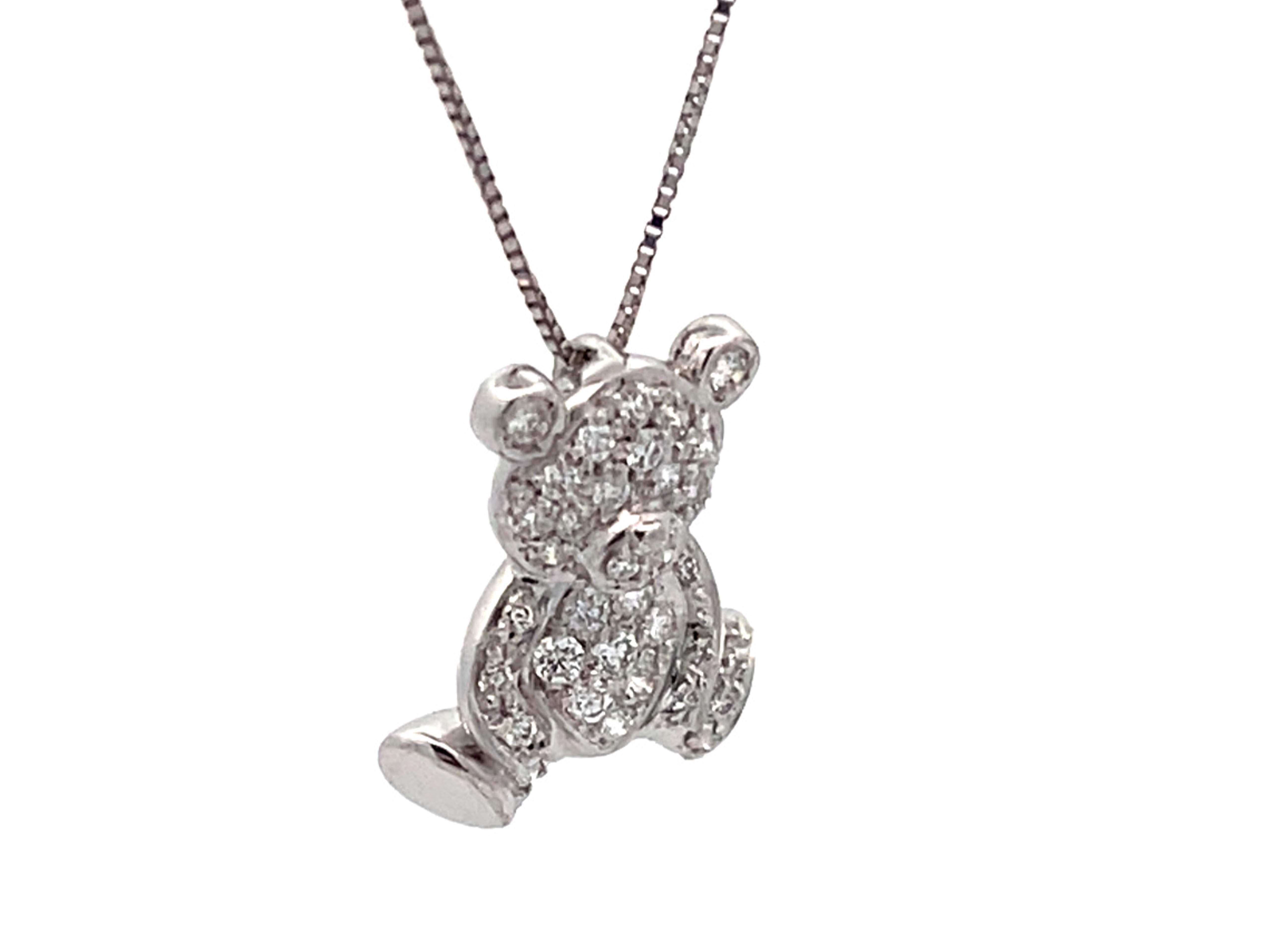 Brilliant Cut Teddy Bear Diamond Necklace in 18k White Gold For Sale