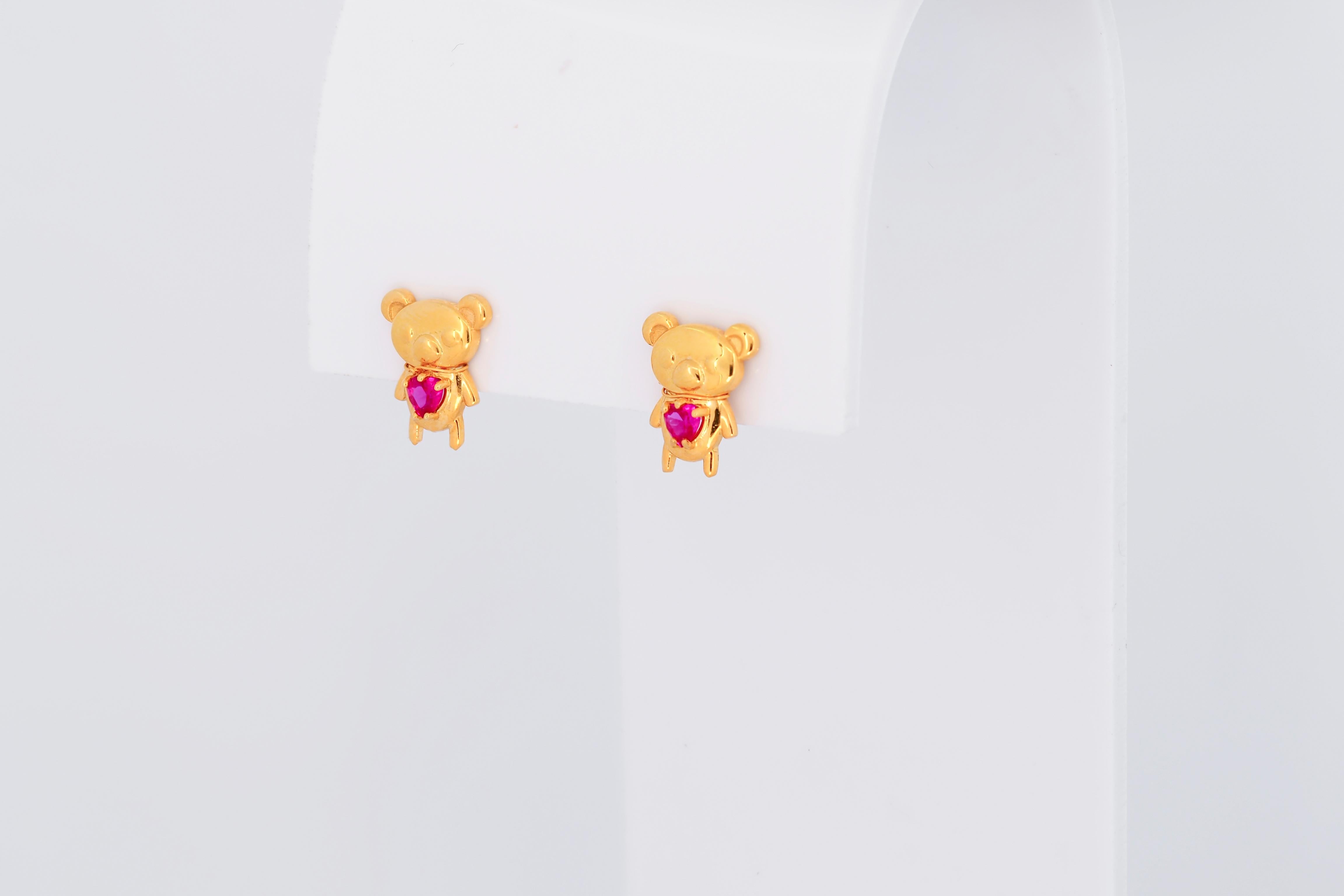 Teddy bear earrings studs in 14k gold. For Sale 1
