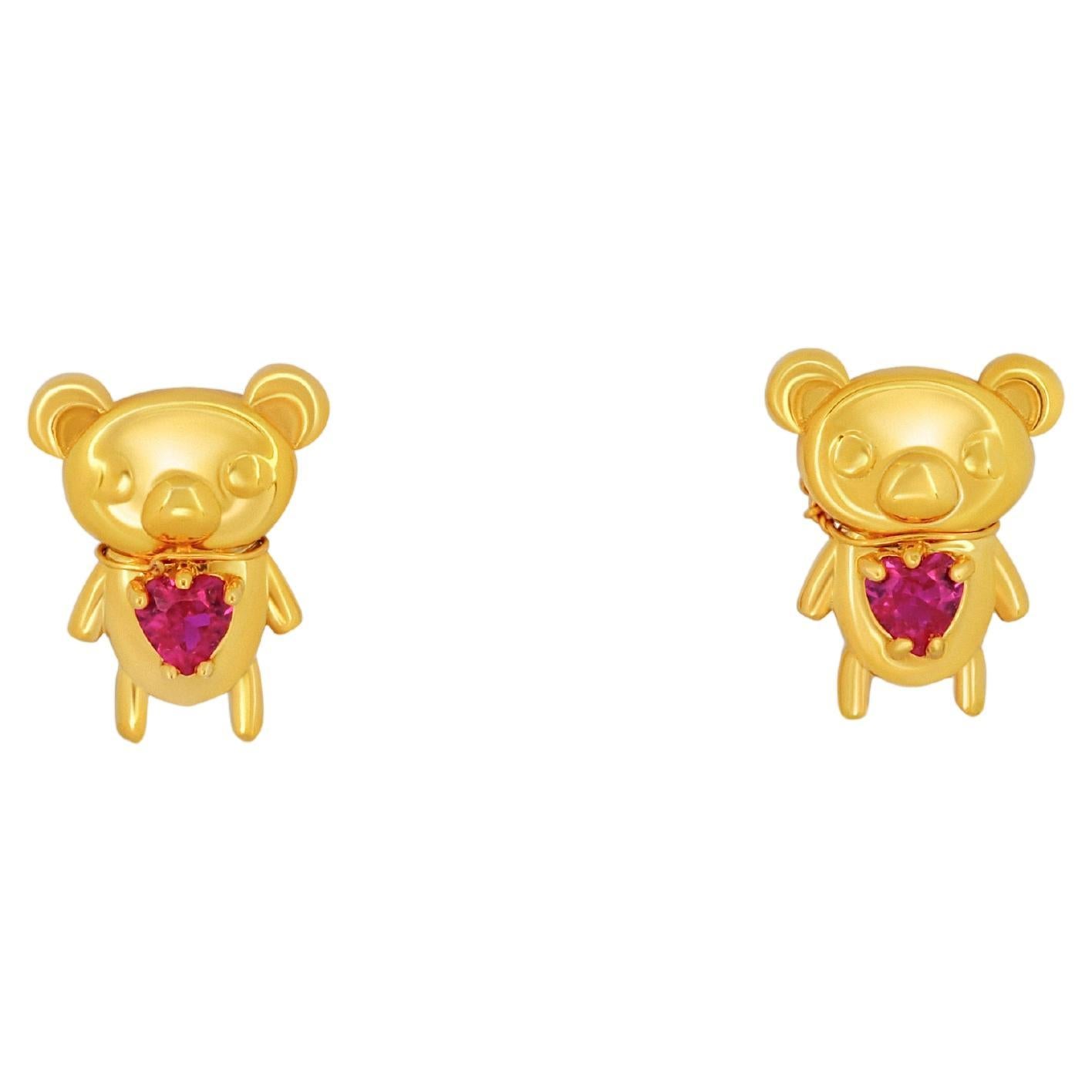 Teddy bear earrings studs in 14k gold. For Sale