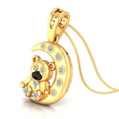 Teddy Bear Moon Charm Diamond 14 Karat Gold Enamel Pendant Necklace