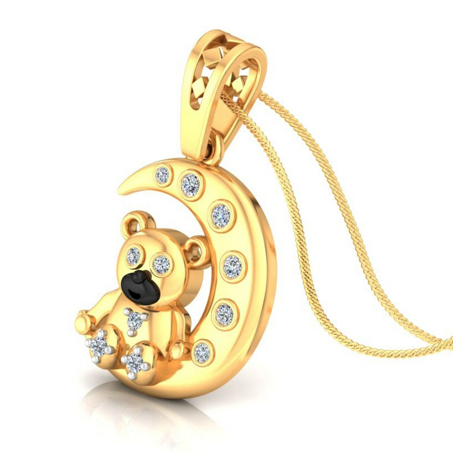 Teddybär Mond Charme Diamant 14 Karat Gold Emaille Anhänger Halskette (Gemischter Schliff) im Angebot
