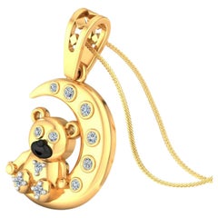 Teddy Bear Moon Charm Diamond 14 Karat Gold Enamel Pendant Necklace