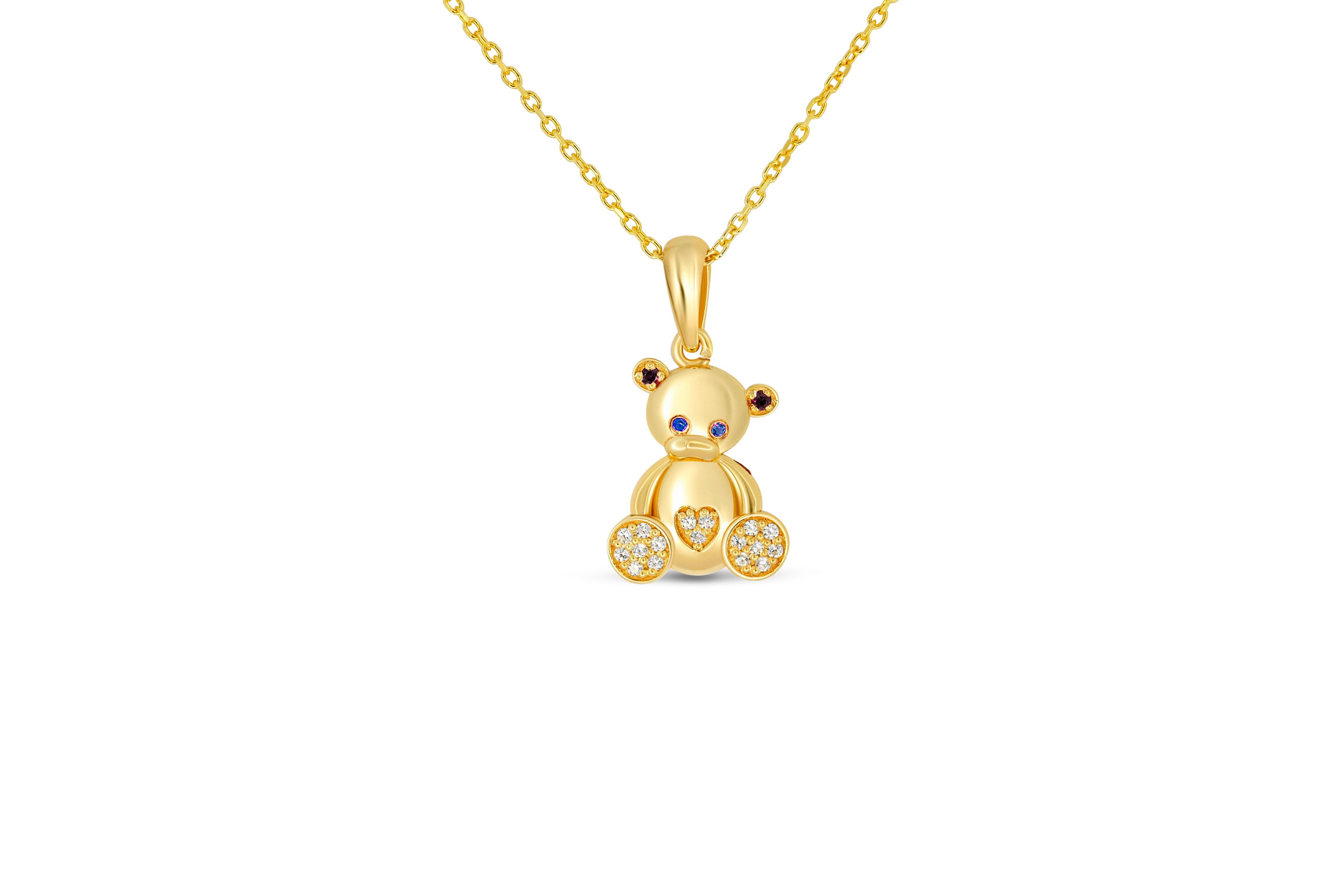 Taglio rotondo Ciondolo a forma di orsetto in oro 14k in vendita