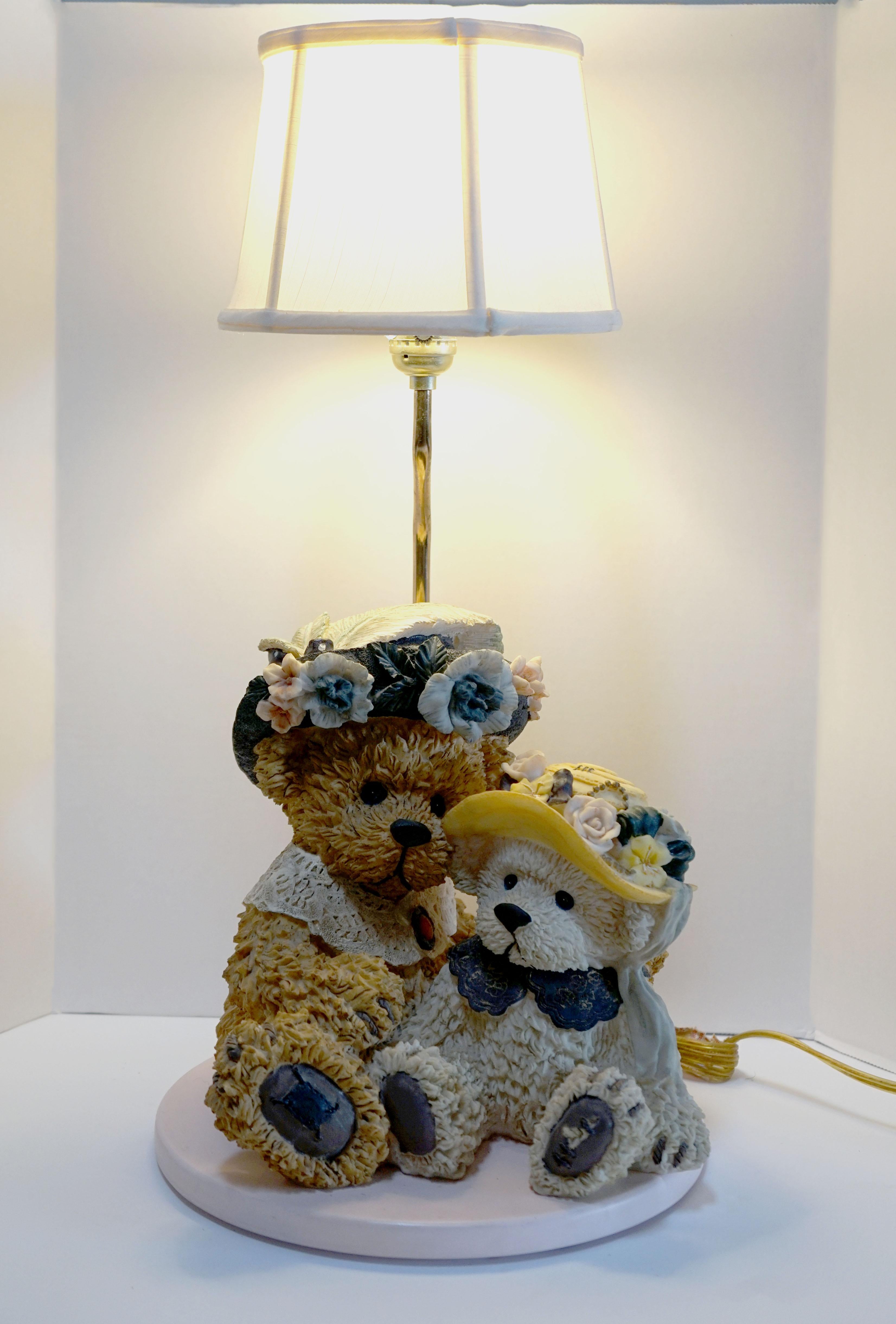 Ceramic Teddy Bears Lamp on Pink Base with White Shade