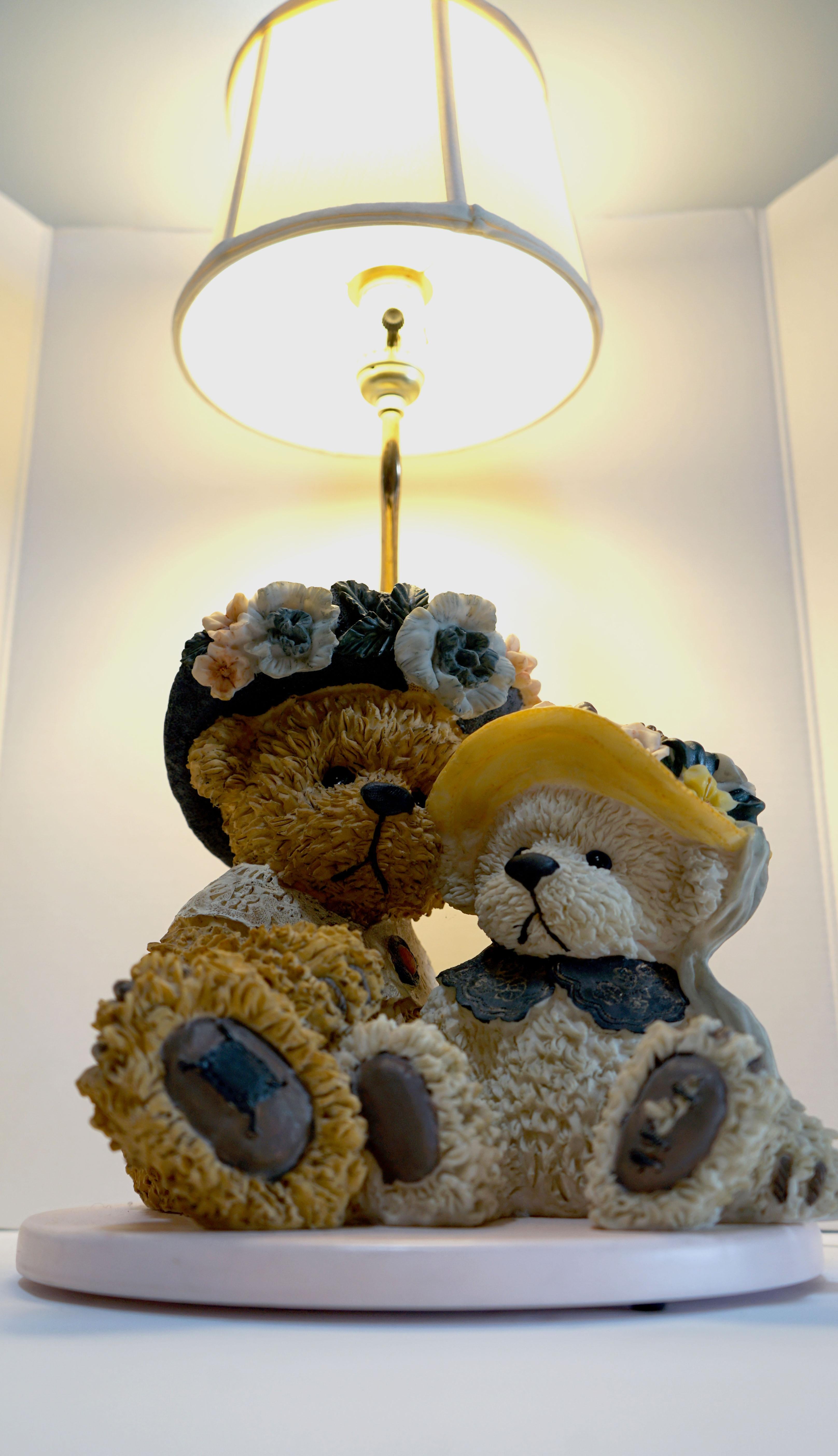 This lamp is a great focal point in a child's area. The teddy bears are having a picnic and your favorite little person is invited. This beautiful lamp features the most elegant teddy bears with polka dots and elegant hats and scarves in a