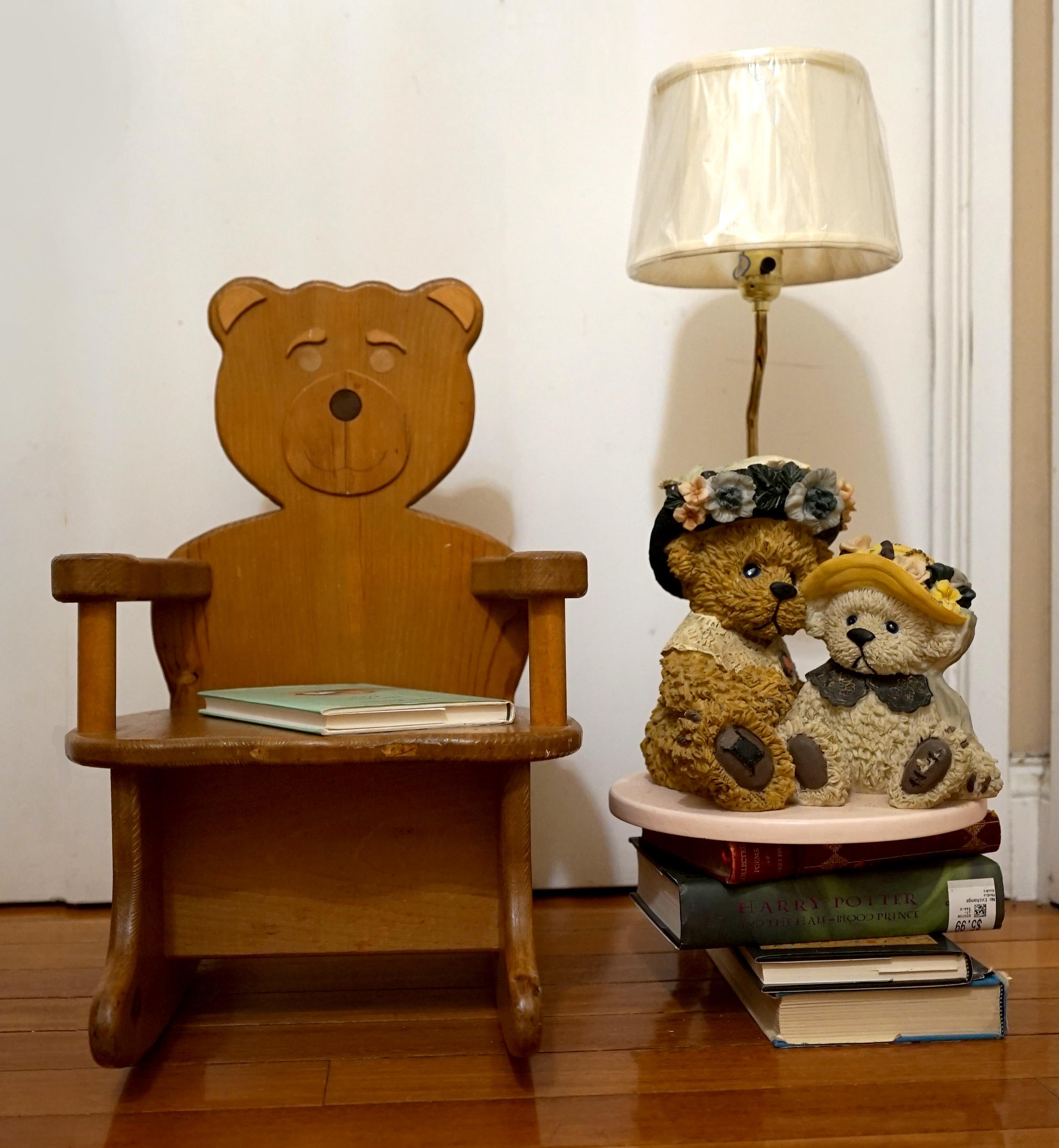 American Classical Teddy Bears Lamp on Pink Base with White Shade