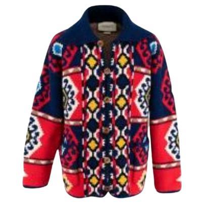 Teddy Lined Red and Navy Knitted Cardigan For Sale