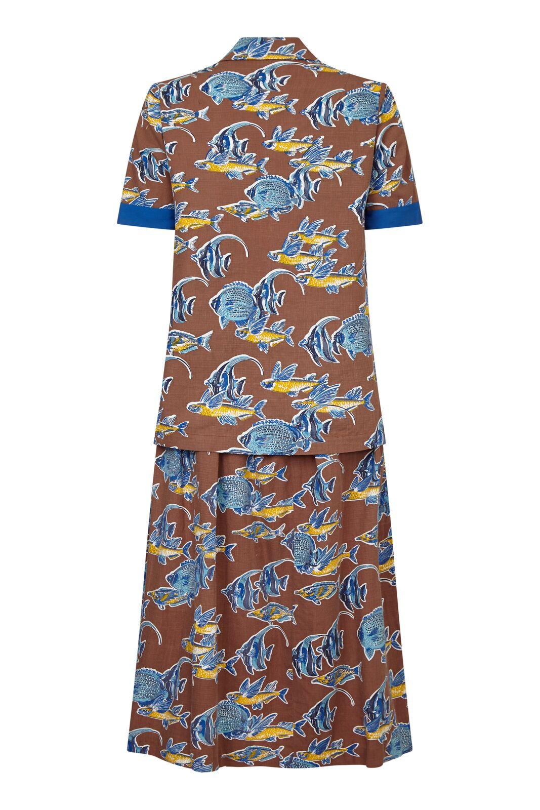 This two piece 1950s cotton skirt set by Teddy Tinling is playful and unorthodox alluding to tropicana and utility wear with pleasing results. The designer Teddy Tinling was an English tennis player, spy and author as well as a popular designer for