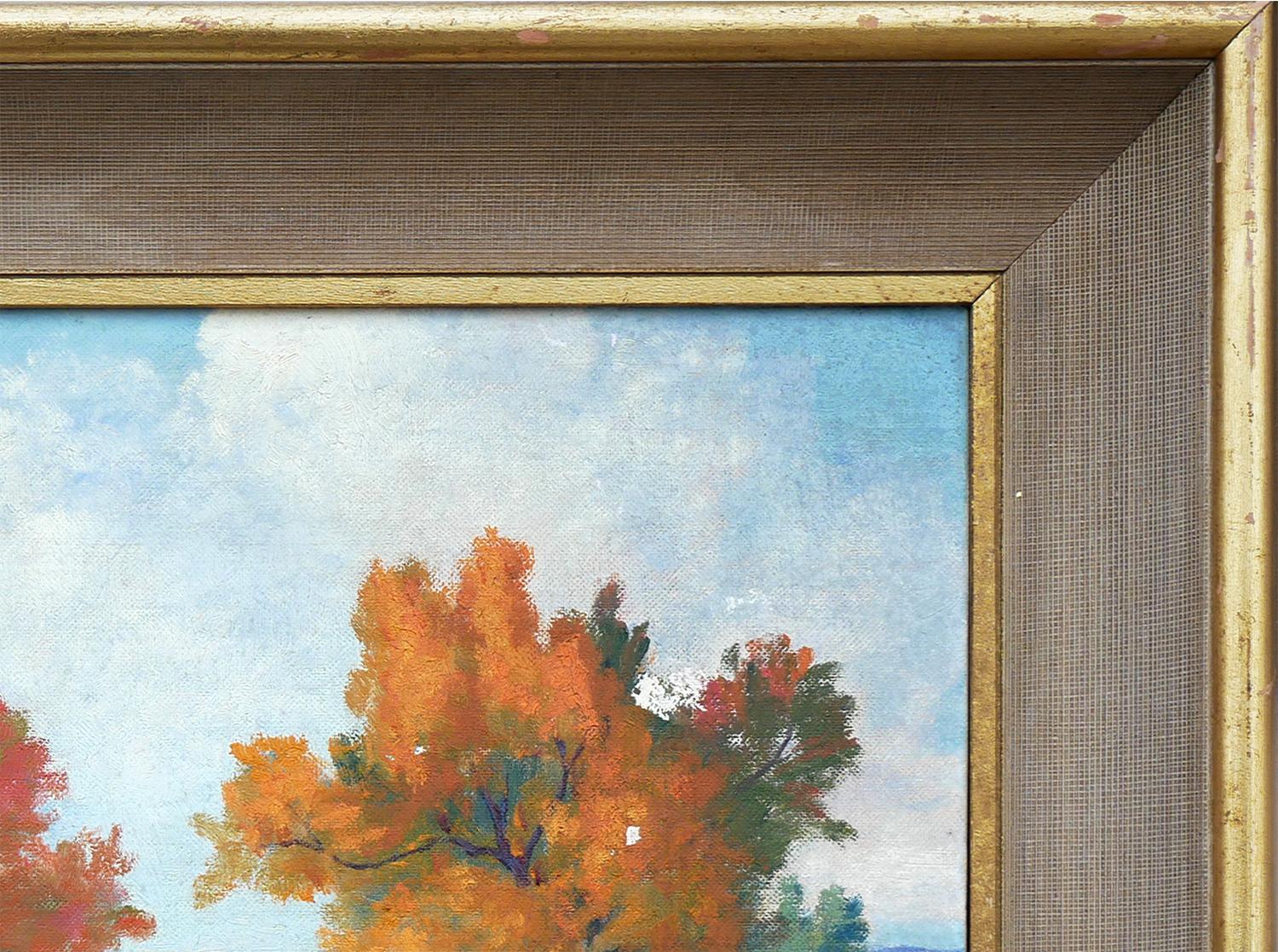 Quadro impressionista astratto dai toni blu e arancioni dell'artista Teen Tyler. Il dipinto raffigura una scena autunnale presso la fattoria Maple Grove a North Pomfret, South Royalton, VT. Firmato dall'artista in basso a destra. Incorniciato in una