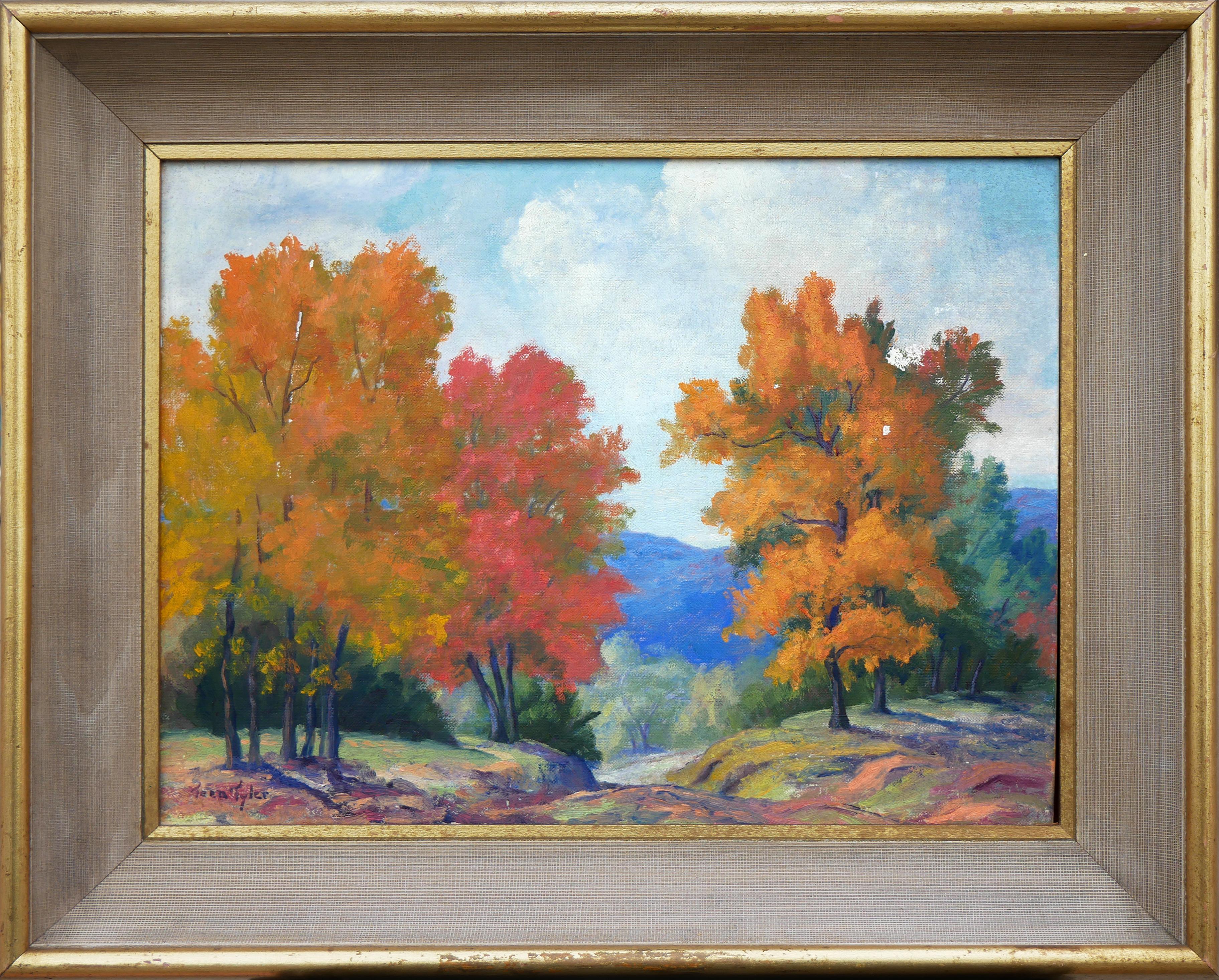 Blue and orange-toned abstract impressionist painting by artist Teen Tyler. The painting depicts a fall scene at The Maple Grove Farm in North Pomfret, South Royalton, VT. Signed by the artist at the lower right corner. Framed in a beautiful modern