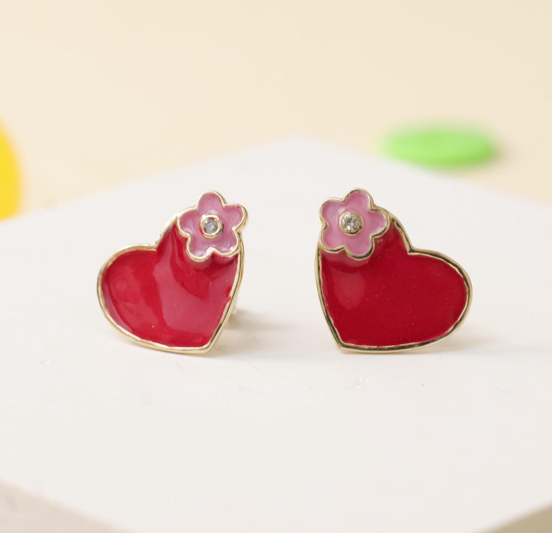 Art déco Teenager Floral Heart Diamond Stud Ears in 14k Solid Gold (Certified) en vente