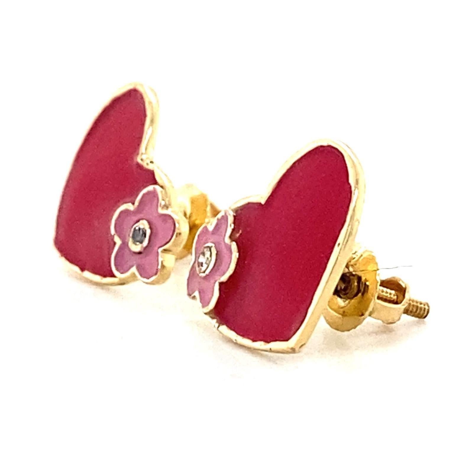 Taille ronde Teenager Floral Heart Diamond Stud Ears in 14k Solid Gold (Certified) en vente