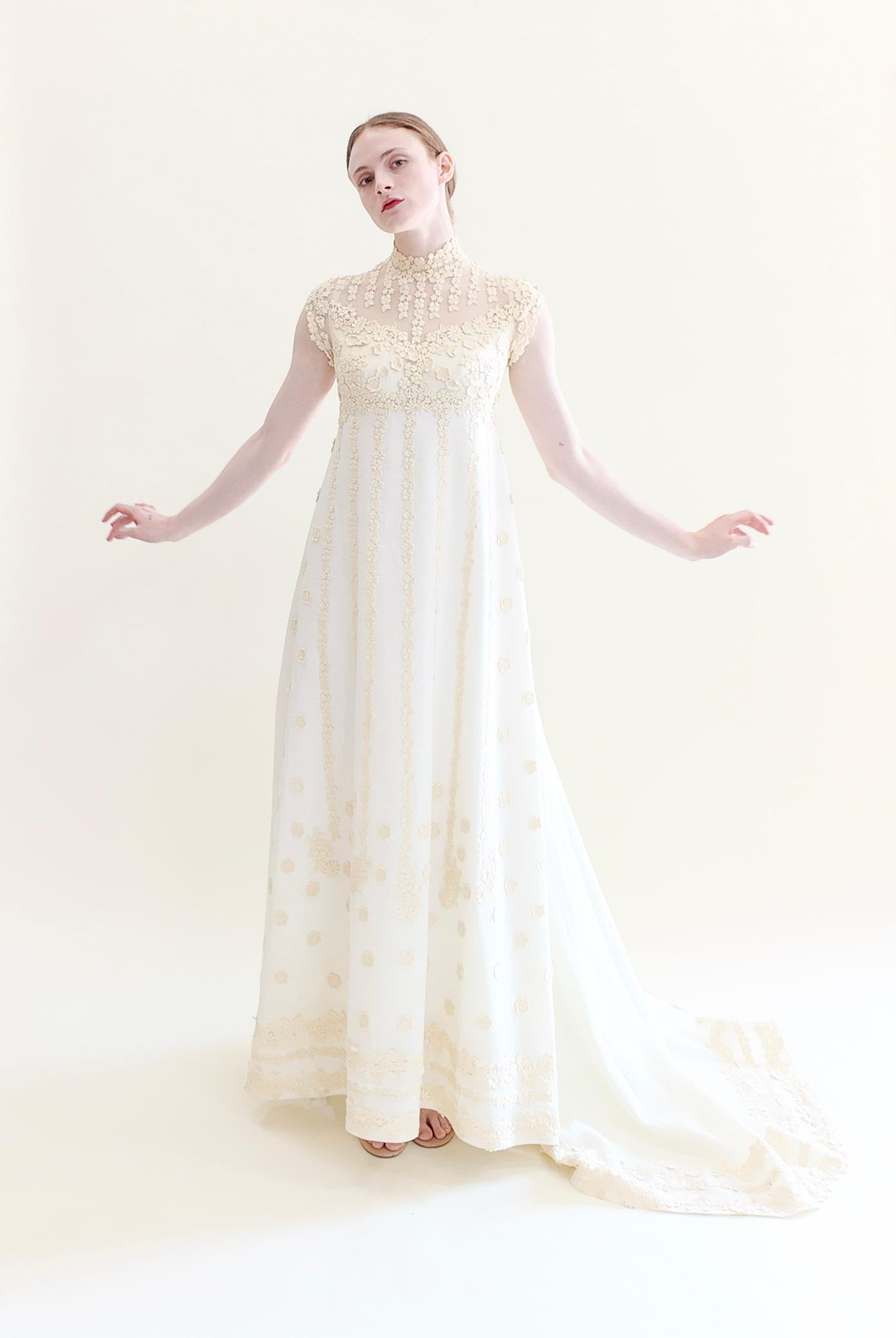 Beige Teeny by Priscilla of Boston 1970's Cotton and Lace Wedding Gown For Sale