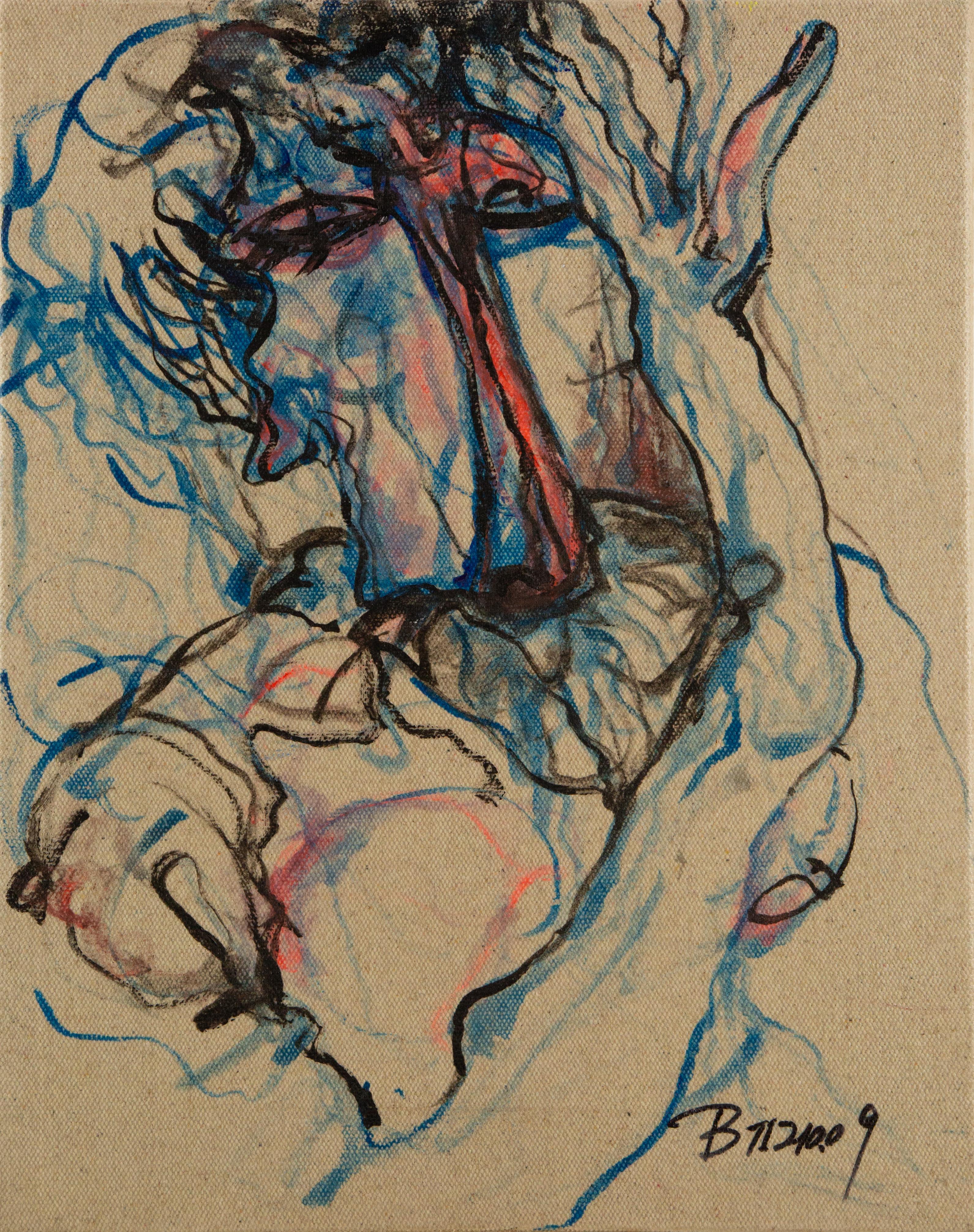 Olio originale astratto su tela "Blue" di Te'er BA.