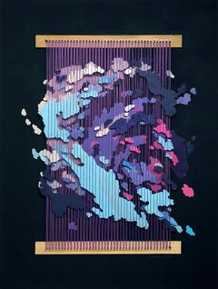 Fiber and Paper Artwork, Abstract Map, Acrylic, 3-d Textile, Black and Purple