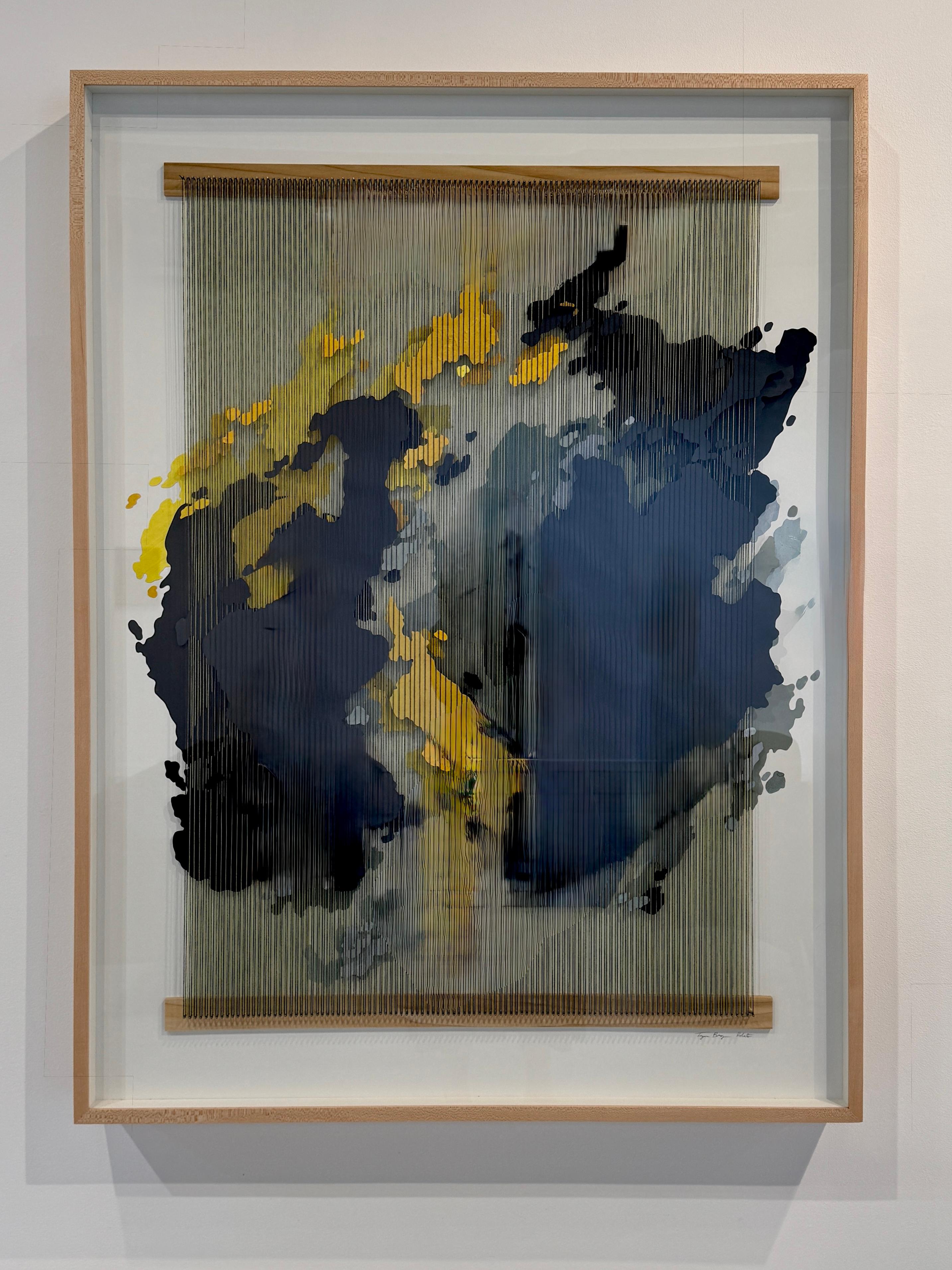 Papier, Acryl und Faden Kunstwerk, Abstrakt mit Grün, Gelb und Schwarz, 2023 im Angebot 5