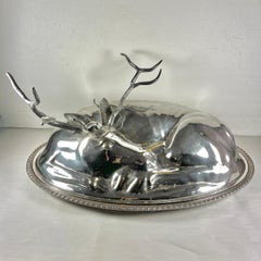 Teghini Firenze Italian Silver Resting Deer Monumental Covered Serving Platter