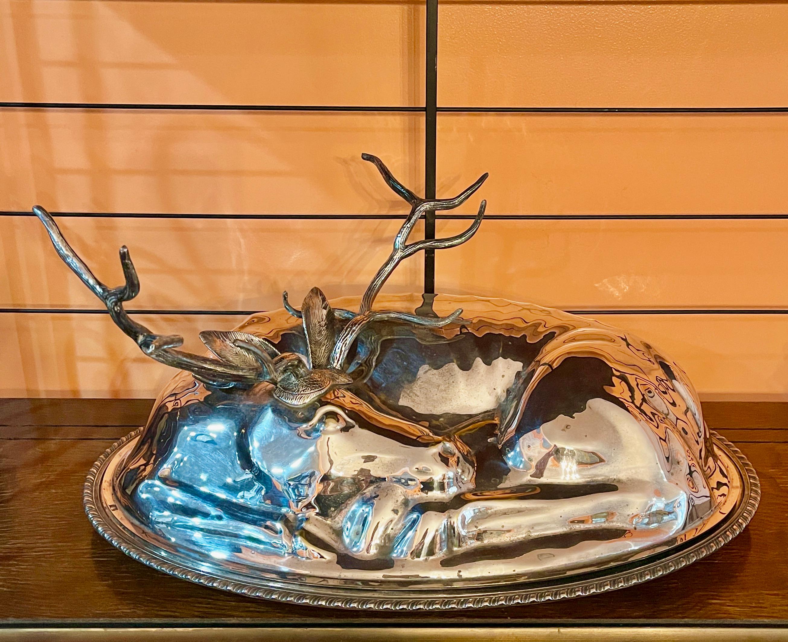 Mid-Century Modern Teghini Firenze Italian Silver Resting Deer Monumental Covered Serving Platter For Sale