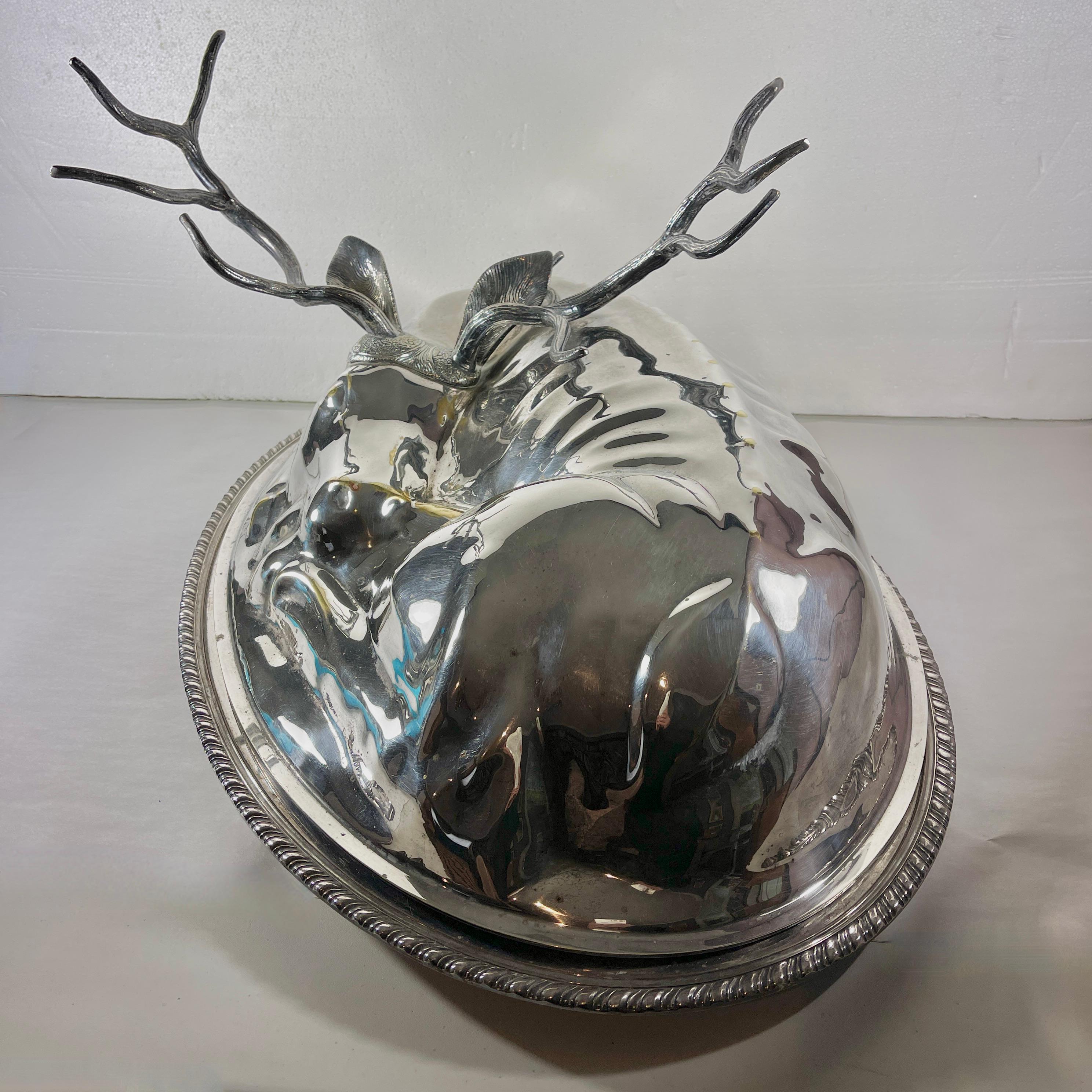 Late 20th Century Teghini Firenze Italian Silver Resting Deer Monumental Covered Serving Platter For Sale