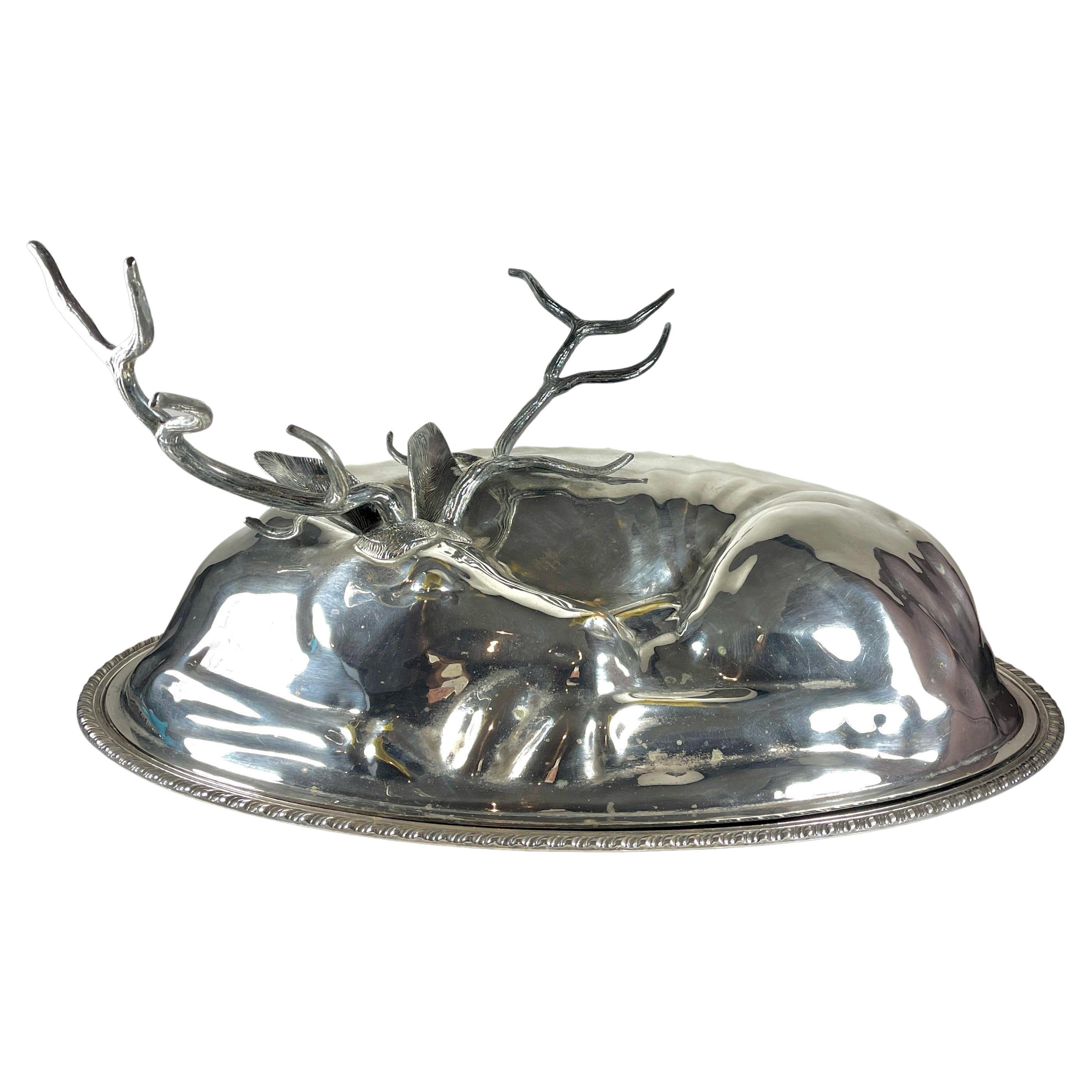 Teghini Firenze Italian Silver Resting Deer Monumental Covered Serving Platter For Sale