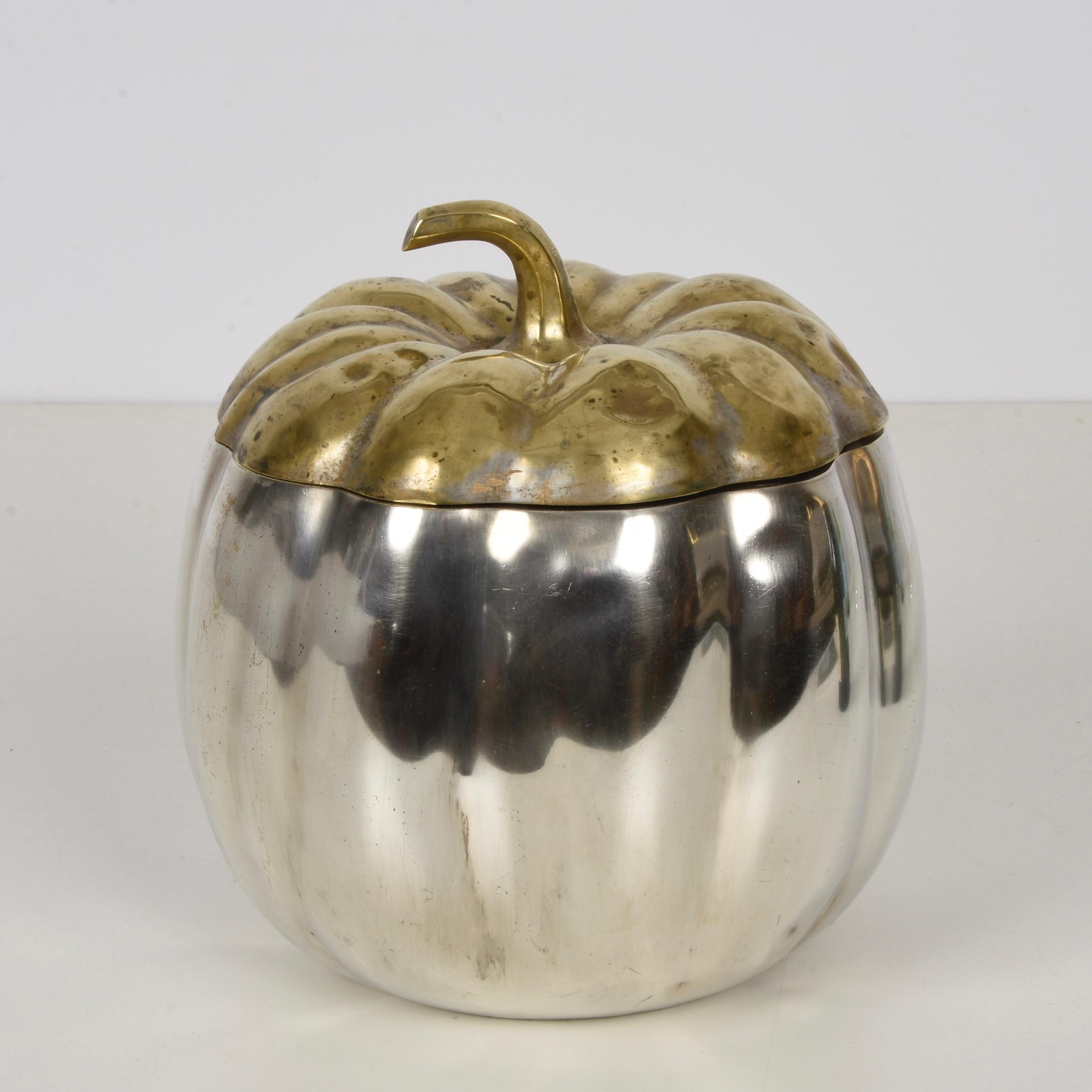 Silver Plate Teghini Firenze Midcentury Italian Silver and Brass Ice Bucket with Pumpkin Top