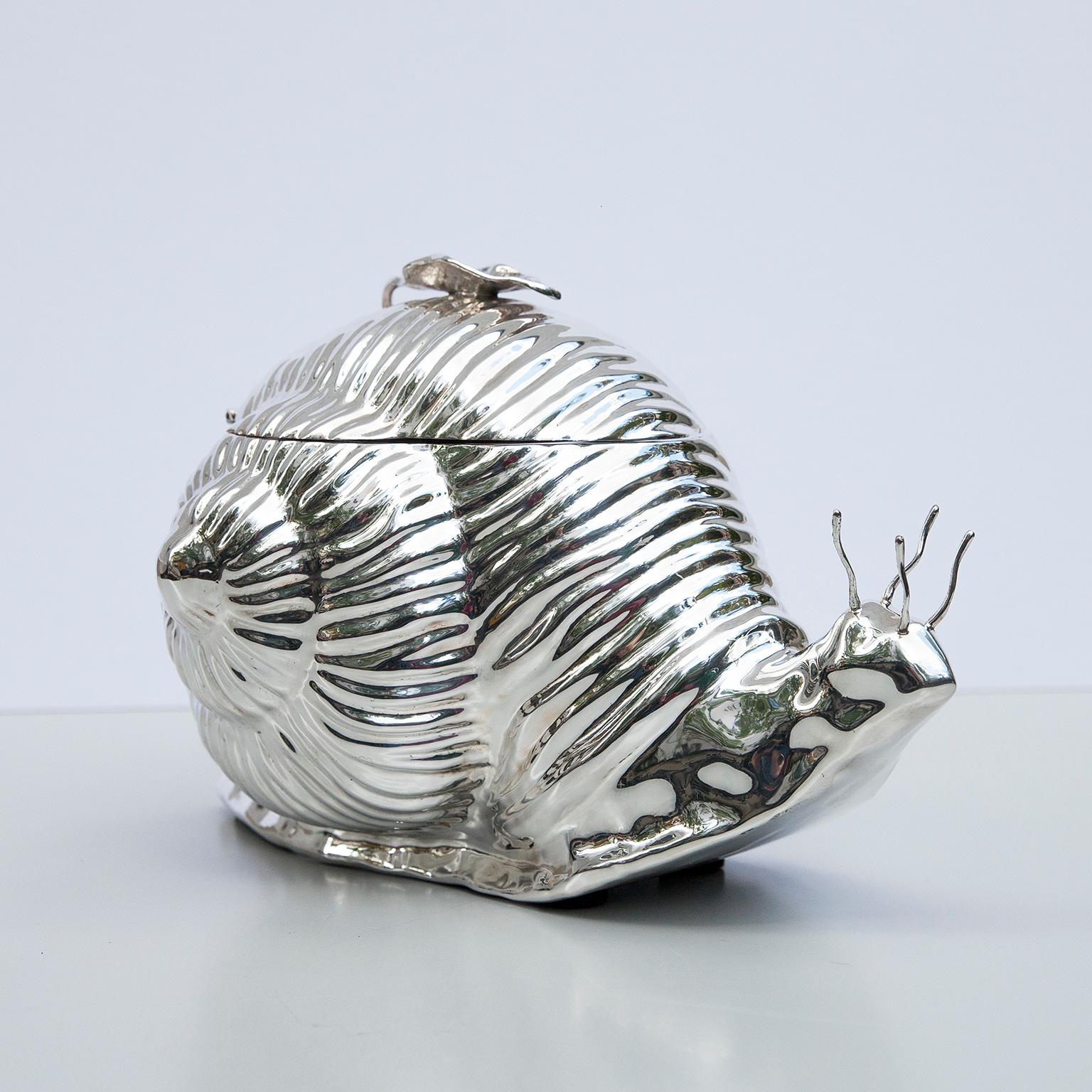 Teghini Firenze snail ice bucket, Italy, silver plated, 1970s with a plastic inlay, in the style of Tony Duquette, featured in a 1977 Architectural Digest article, stamped 