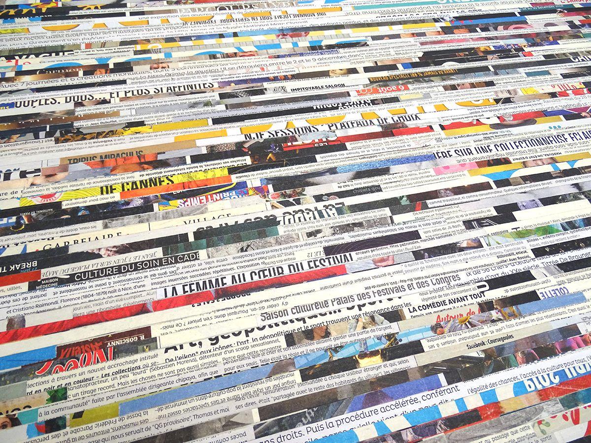 Collage realizzato con centinaia di pezzetti di carta di giornale ritagliati e acrilico su tela con telaio in legno - 100*100 cm - Foglie d'autunno -    Questo quadro fa parte di una serie di dipinti che ho creato per molti anni, ispirati al